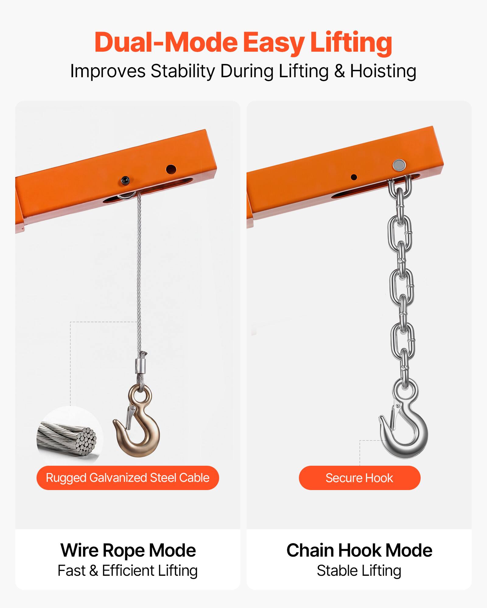 Dual-Mode Easy Lifting Improves Stability During Lifting & Hoisting

Rugged Galvanized Steel Cable
Secure Hook

Wire Rope Mode Fast & Efficient Lifting
Chain Hook Mode Stable Lifting