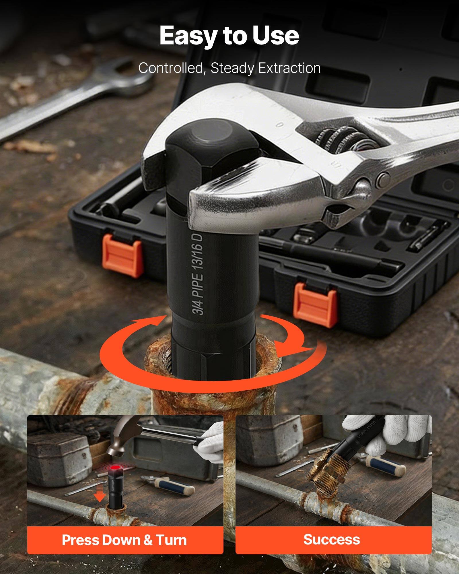 Easy to Use  
Controlled, Steady Extraction  

3/4 PIPE 13/16 D  

Press Down & Turn  

Success