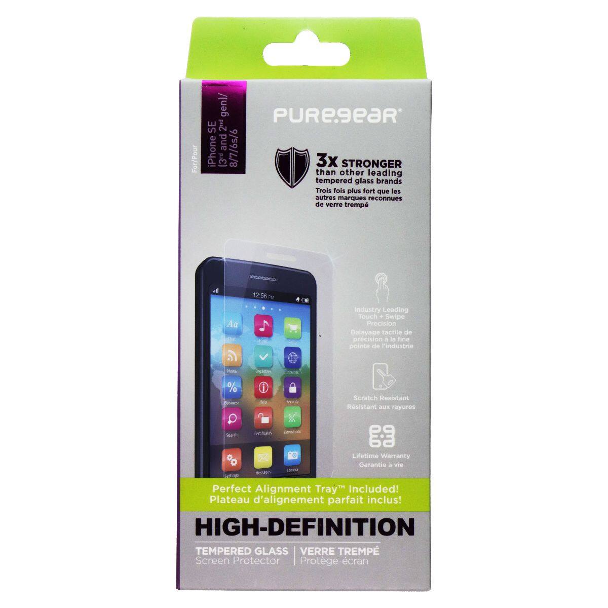 For/Pour gen)/ PUREgeaR SE 2nd and 8/7/65/6 iPhone (3% 3x STRONGER than other leading tempered glass brands Trois fois plus fort que les autres marques reconnues de verre trempé d 12:56  Ae Industry Leading Touch . Swipe Precision Balayage tactile de précision à la fine pointe de l'industrie % Scratch Resistant  - - Résistant aux rayures Gerttco - vad 0 24 Lifetime Warranty Garantie à vie Ari Vt Perfect Alignment Tray Included! Plateau d'alignement parfait inclus! HIGH-DEFINITION TEMPERED GLASS VERRE TREMPÉ Screen Protector Protège-écran
