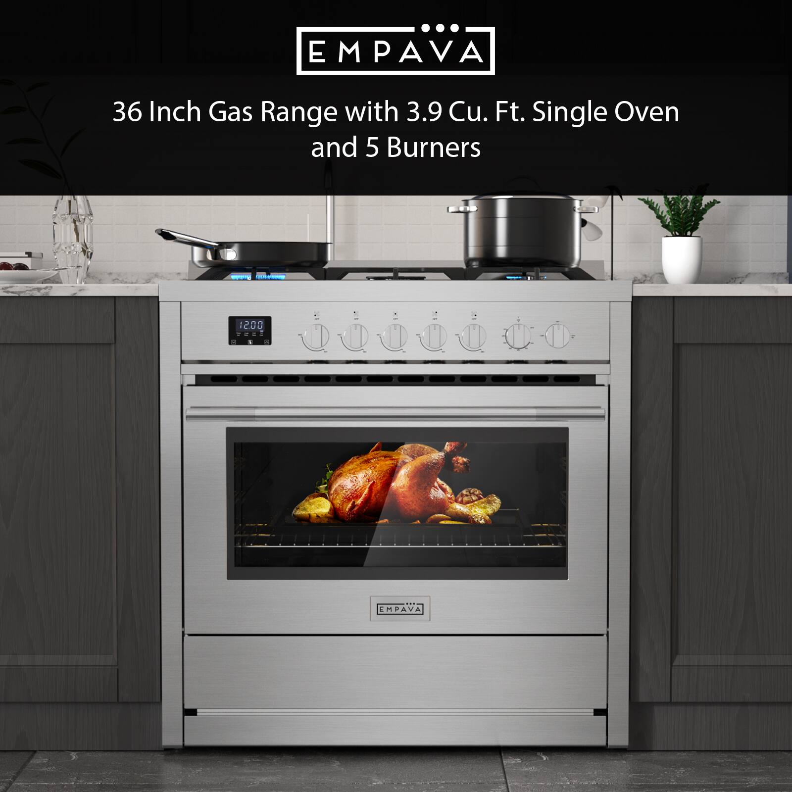 EMPAVA 36 Inch Gas Range with 3.9 Cu. Ft. Single Oven and 5 Burners - E - I 1200 ...S - - . - - . - - . - -  + : EMPAVA