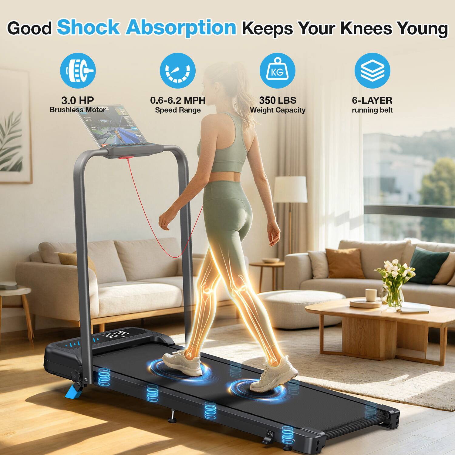 Good Shock Absorption Keeps Your Knees Young  
EC KG 3.0 HP 0.6-6.2 MPH 350 LBS 6-LAYER Brushless Motor Speed Range Weight Capacity running belt