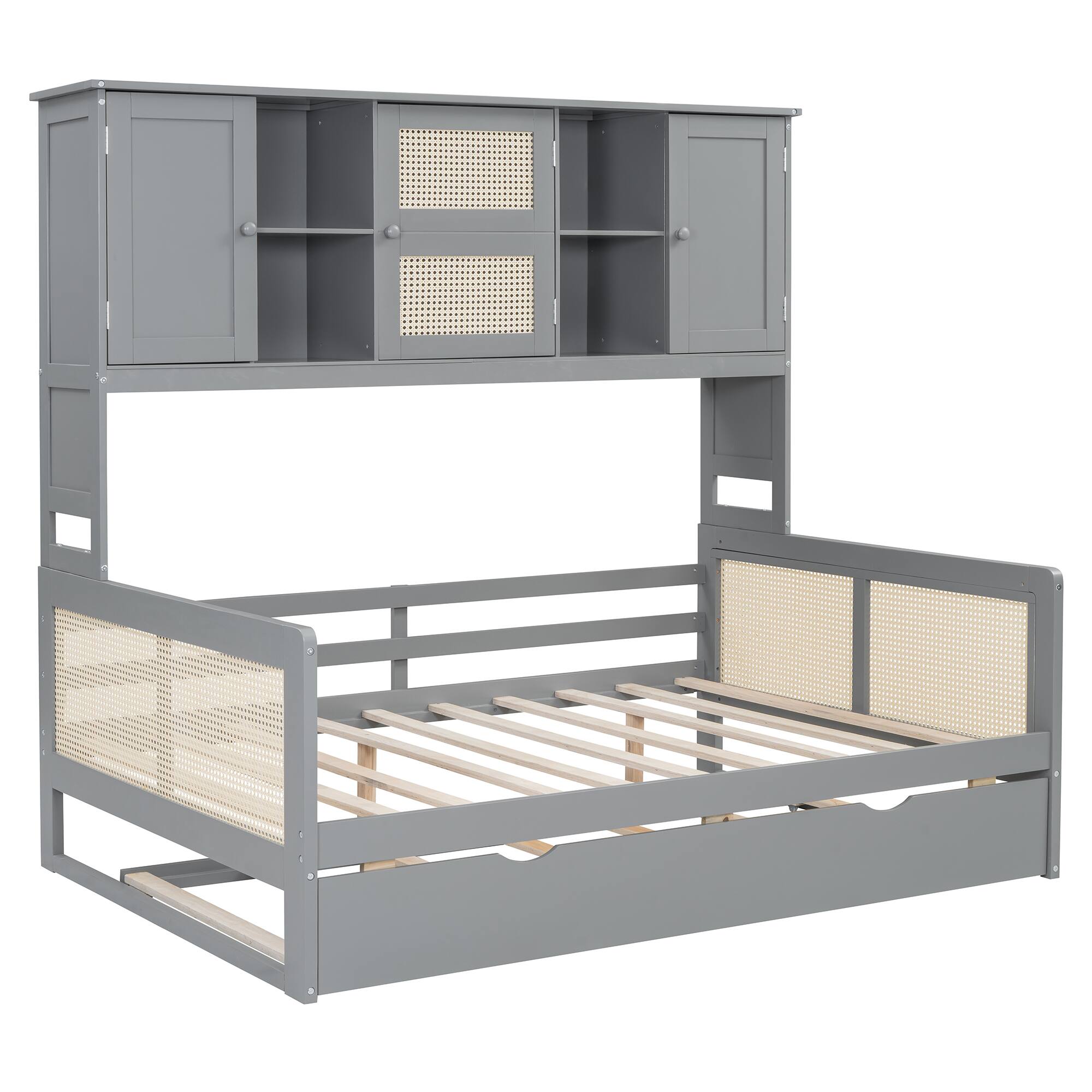 Alt View 5. Tiramisubest - Full Size Wooden Daybed With Twin Size Trundle, and All-in-One Cabinet and Shelf, Gray - Gray.