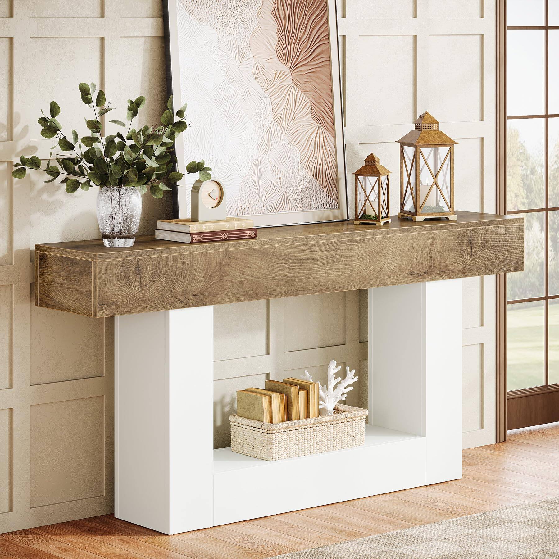 Left. Tribesigns - 63-Inch Long Console Table, 2-Tier Entryway Table Sofa Table with Storage, Farmhouse Wood Behind Couch Table for Living - Light Brown & White.