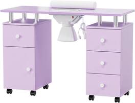 Winado - Manicure Table Nail Desk Nail Table Station with Electric Dust Collector,Lockable Wheels,Wrist Cushion,Drawers,Cabinet - Lavender