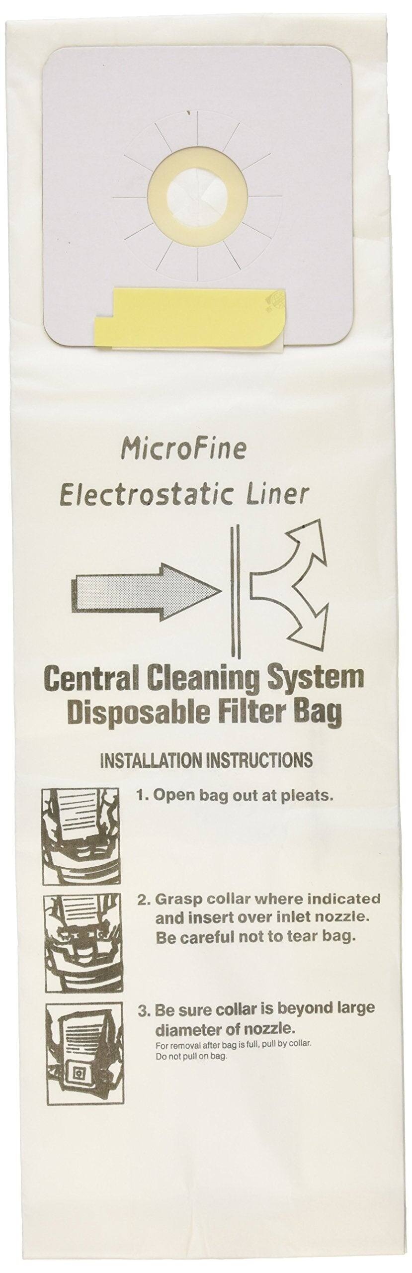 MicroFine Electrostatic Liner  
Central Cleaning System Disposable Filter Bag  

INSTALLATION INSTRUCTIONS  

1. Open bag out at pleats.  
2. Grasp collar where indicated and insert over inlet nozzle. Be careful not to tear bag.  
3. Be sure collar is beyond large diameter of nozzle. For removal after bag is full, pull by collar. Do not pull on bag.