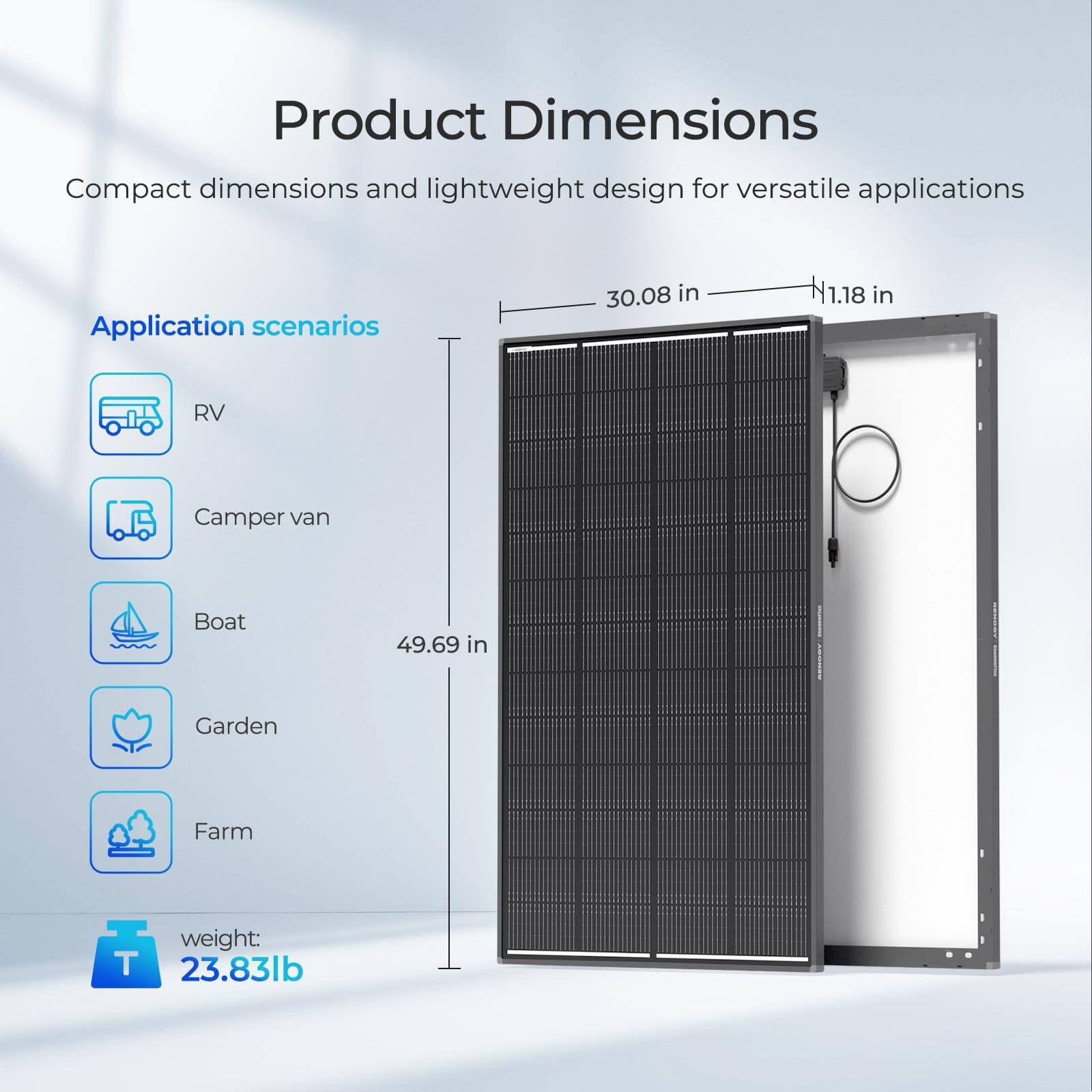 Product Dimensions
Compact dimensions and lightweight design for versatile applications

Application scenarios
30.08 in
1.18 in
RV
Camper van
Boat
49.69 in
Garden
Farm

weight: T 23.83lb