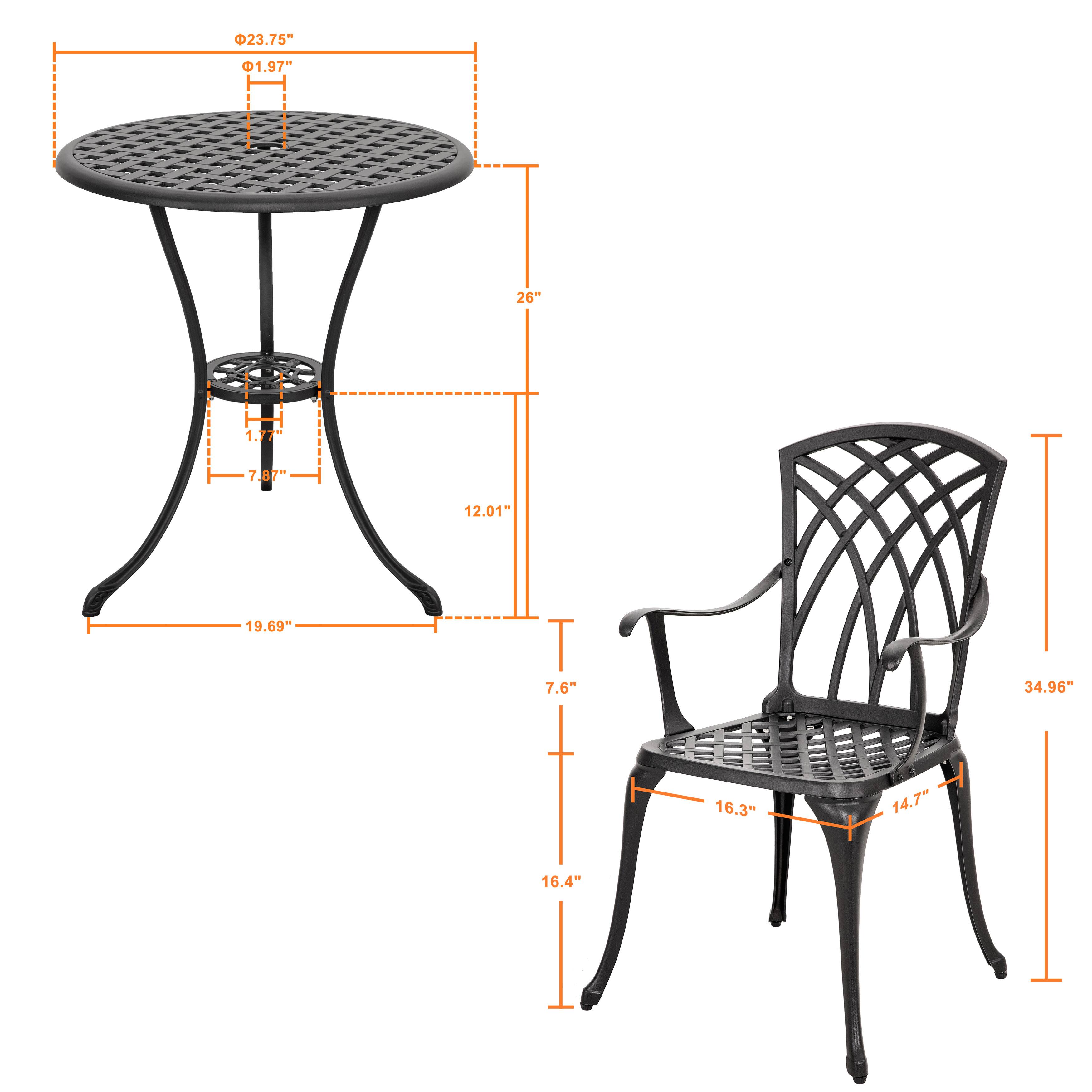 - Table:
  - Diameter: 23.75"
  - Height: 19.69"
  - Top Thickness: 1.97"
  - Leg Thickness: 1.77"
  - Seat Height: 12.01"
  - Leg Spread: 26"

- Chair:
  - Height: 34.96"
  - Seat Height: 16.3"
  - Seat Depth: 14.7"
  - Arm Height: 16.4"
  - Back Height: 7.6"