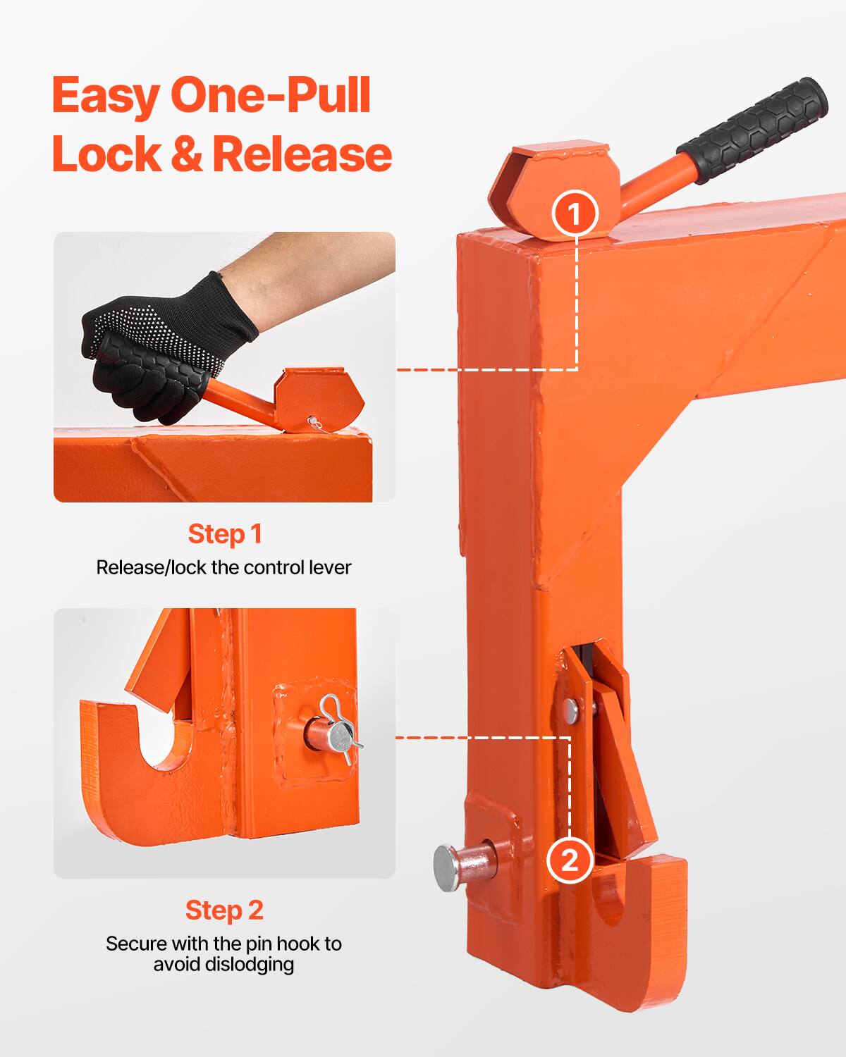 Easy One-Pull Lock & Release

Step 1  
Release/lock the control lever

Step 2  
Secure with the pin hook to avoid dislodging