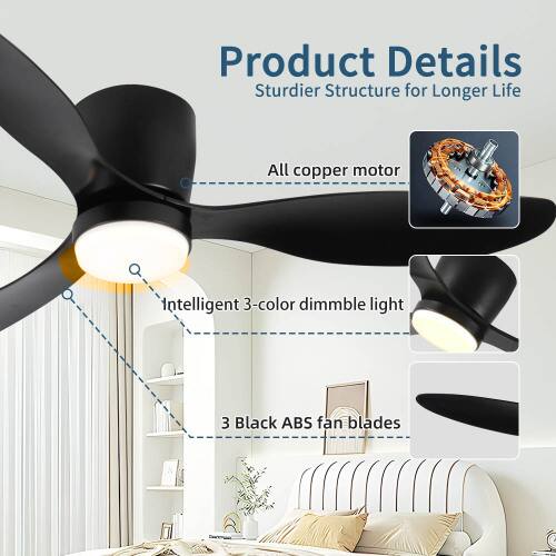 Product Details  
Sturdier Structure for Longer Life  
All copper motor  
Intelligent 3-color dimmable light  
3 Black ABS fan blades