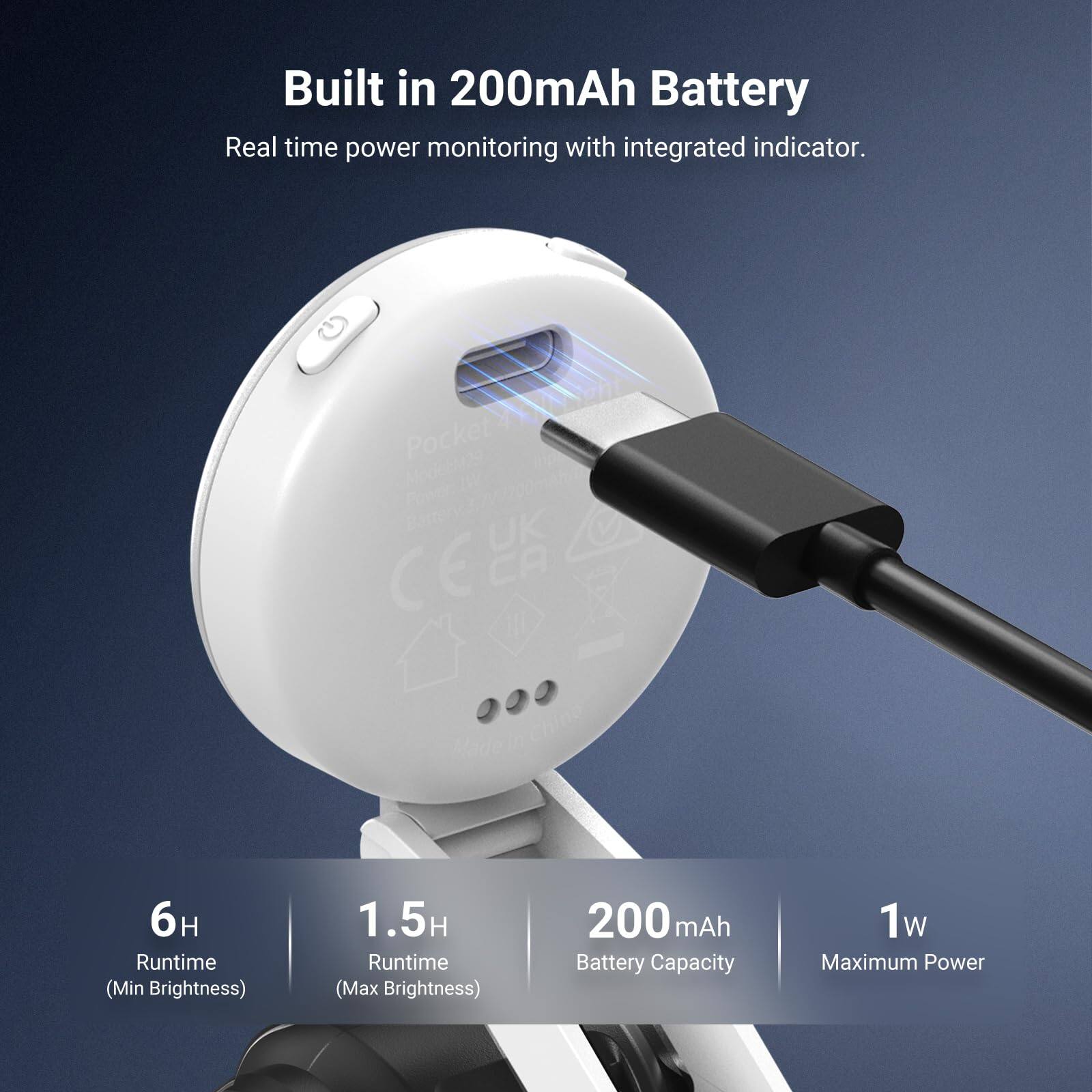 Built in 200mAh Battery  
Real time power monitoring with integrated indicator.  

Pocket CELA  
6H Runtime (Min Brightness)  
1.5H Runtime (Max Brightness)  
200 mAh Battery Capacity  
1w Maximum Power