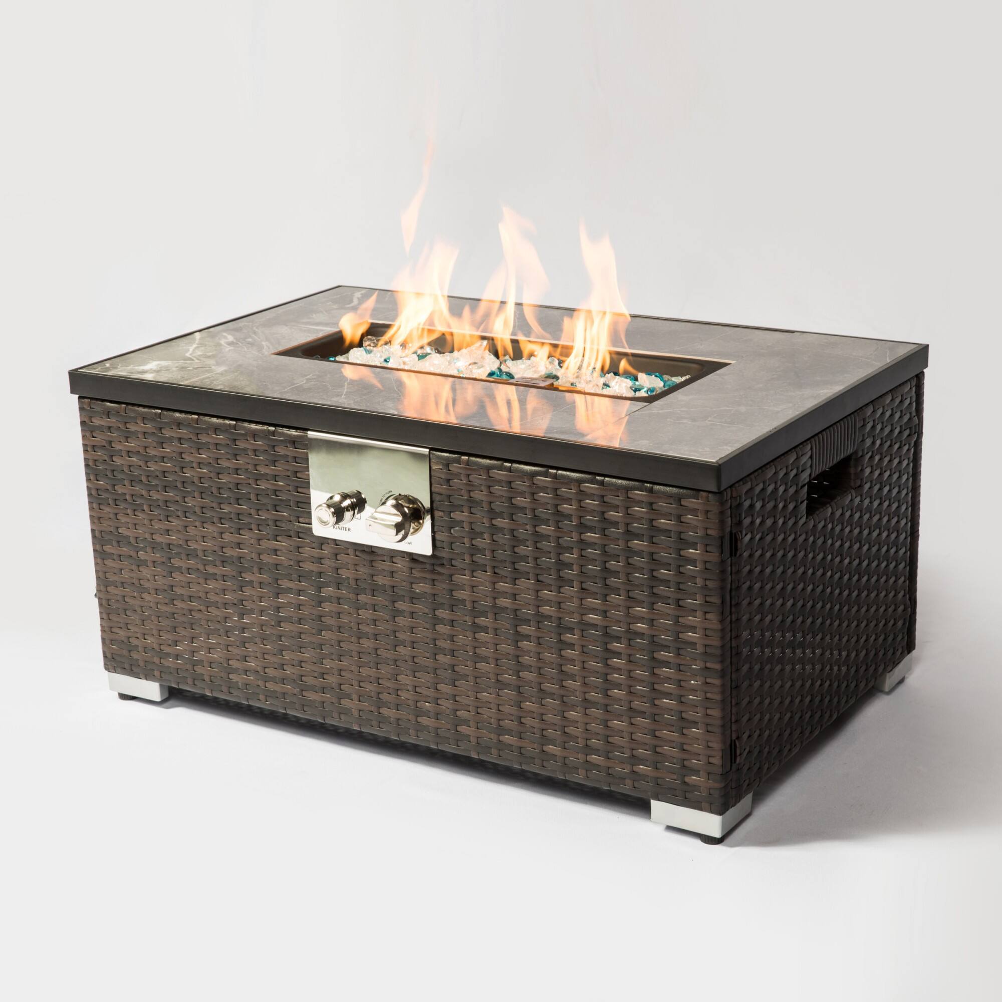 Back. Boyel Living - 32 Inch Outdoor Rectangular Propane Fire Pit Table Tile Top Wicker Base Brown - Brown.