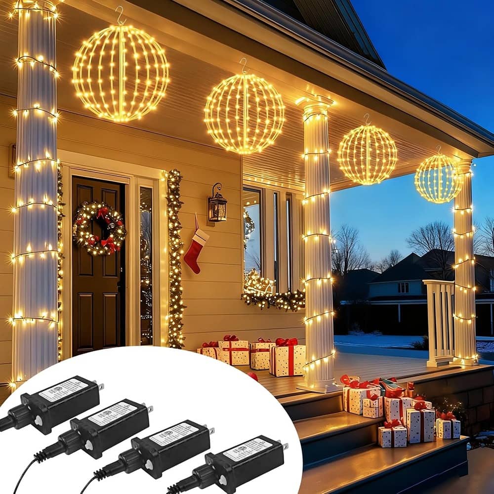 RTMB - 4-Pack 16" LED Christmas Ball Lights, Foldable, Hanging Hook, Warm White - Color: White Size: 4Pack