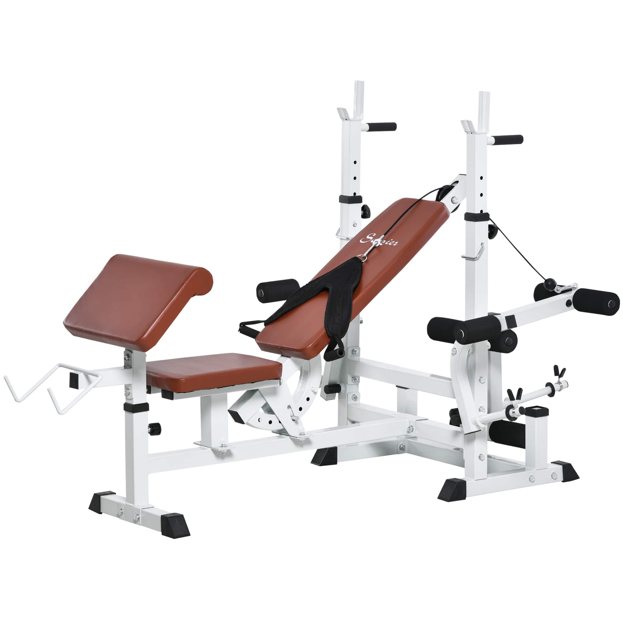 Soozier - Multi-Exercise Full-Body Weight Rack with Bench Press, Leg Extension, Chest Fly Resistance Band & Preacher Curl - White, Brown