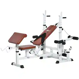 Soozier - Multi-Exercise Full-Body Weight Rack with Bench Press, Leg Extension, Chest Fly Resistance Band & Preacher Curl - White, Brown