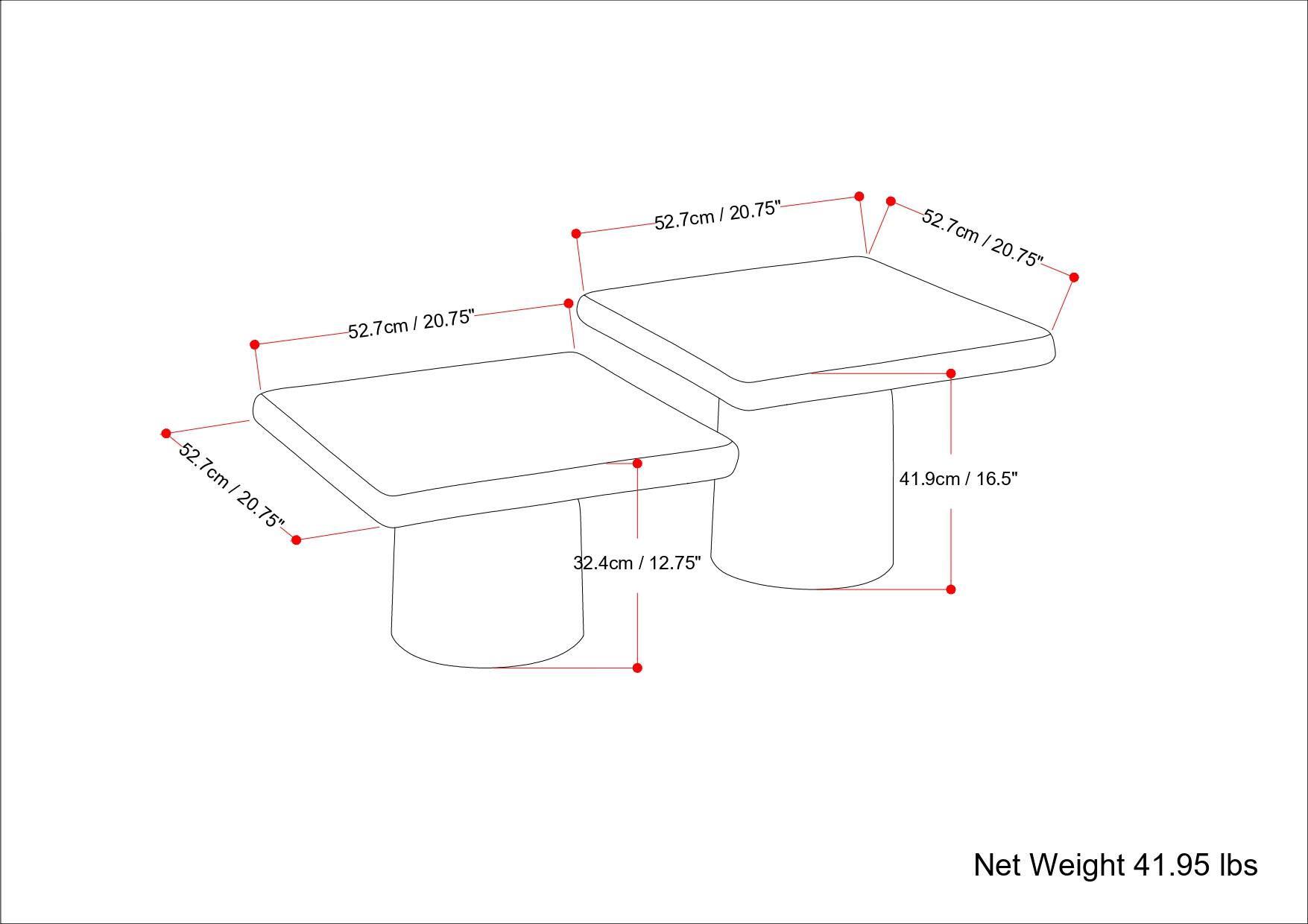 52.7cm / 20.75"  
52.7cm / 20.75"  
52.7cm / 20.75"  
52.7cm / 20.75"  
32.4cm / 12.75"  
41.9cm / 16.5"  
Net Weight 41.95 lbs