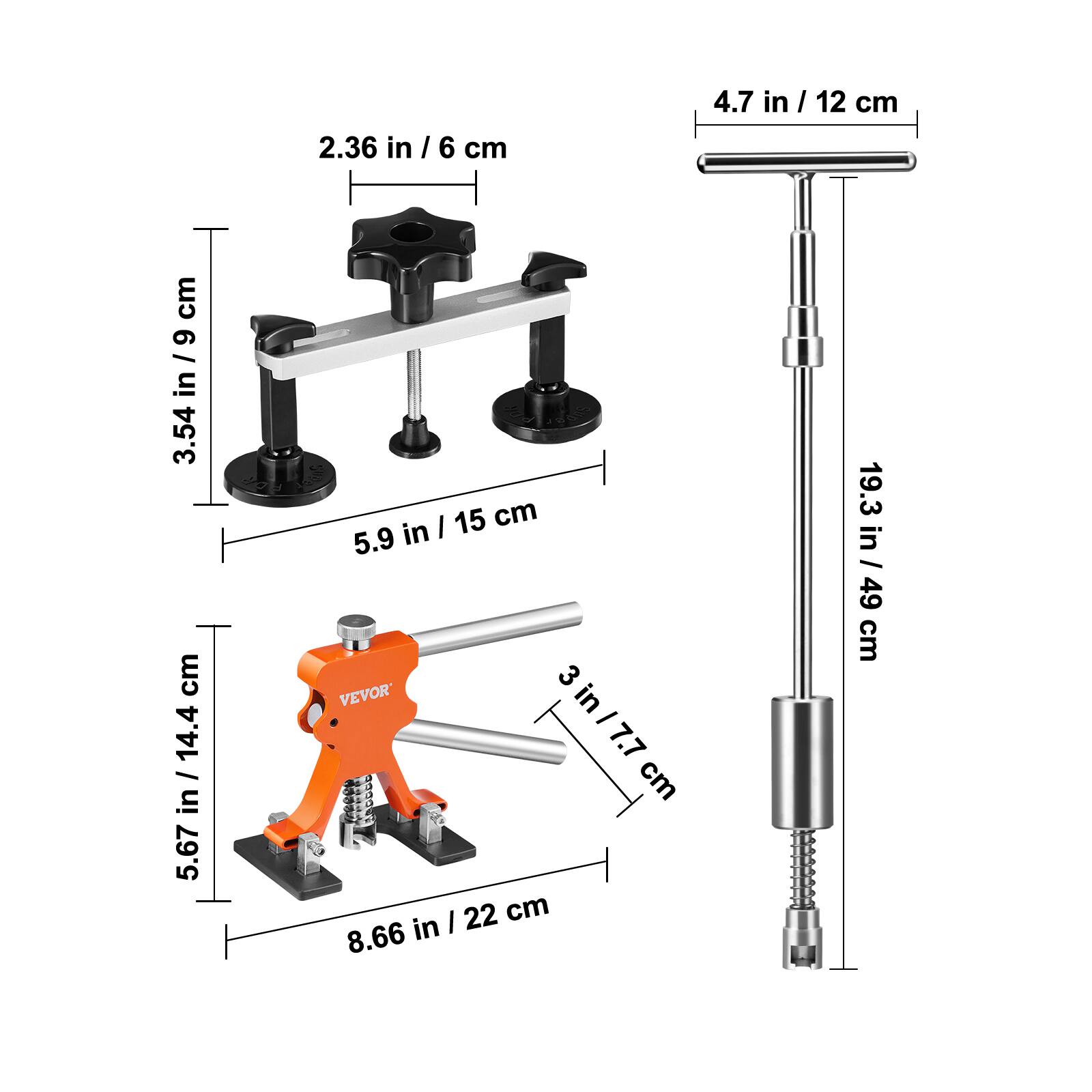 2.36 in / 6 cm  
4.7 in / 12 cm  
3.54 in / 9 cm  
5.9 in / 15 cm  
5.67 in / 14.4 cm  
8.66 in / 22 cm  
19.3 in / 49 cm  
3 in / 7.7 cm