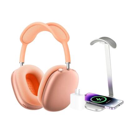 Front. Apple - Apple - AirPods Max (USB-C) - Orange + Power Adapter, Headphone Stand/Charging Pad.