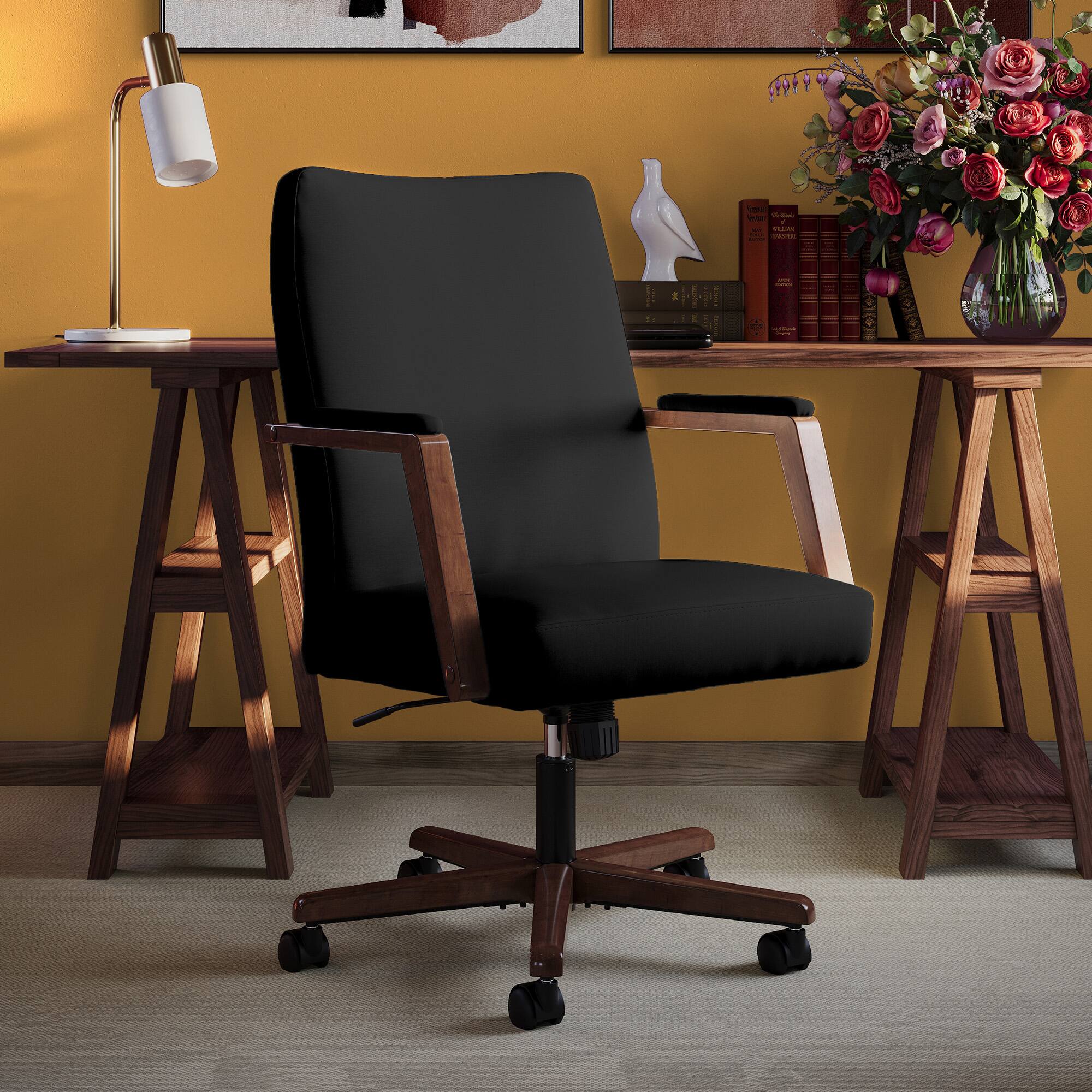 Angle. Finch - Finch NEO ONE Fabric Wood Hi-Back Office Chair, Black - Black.