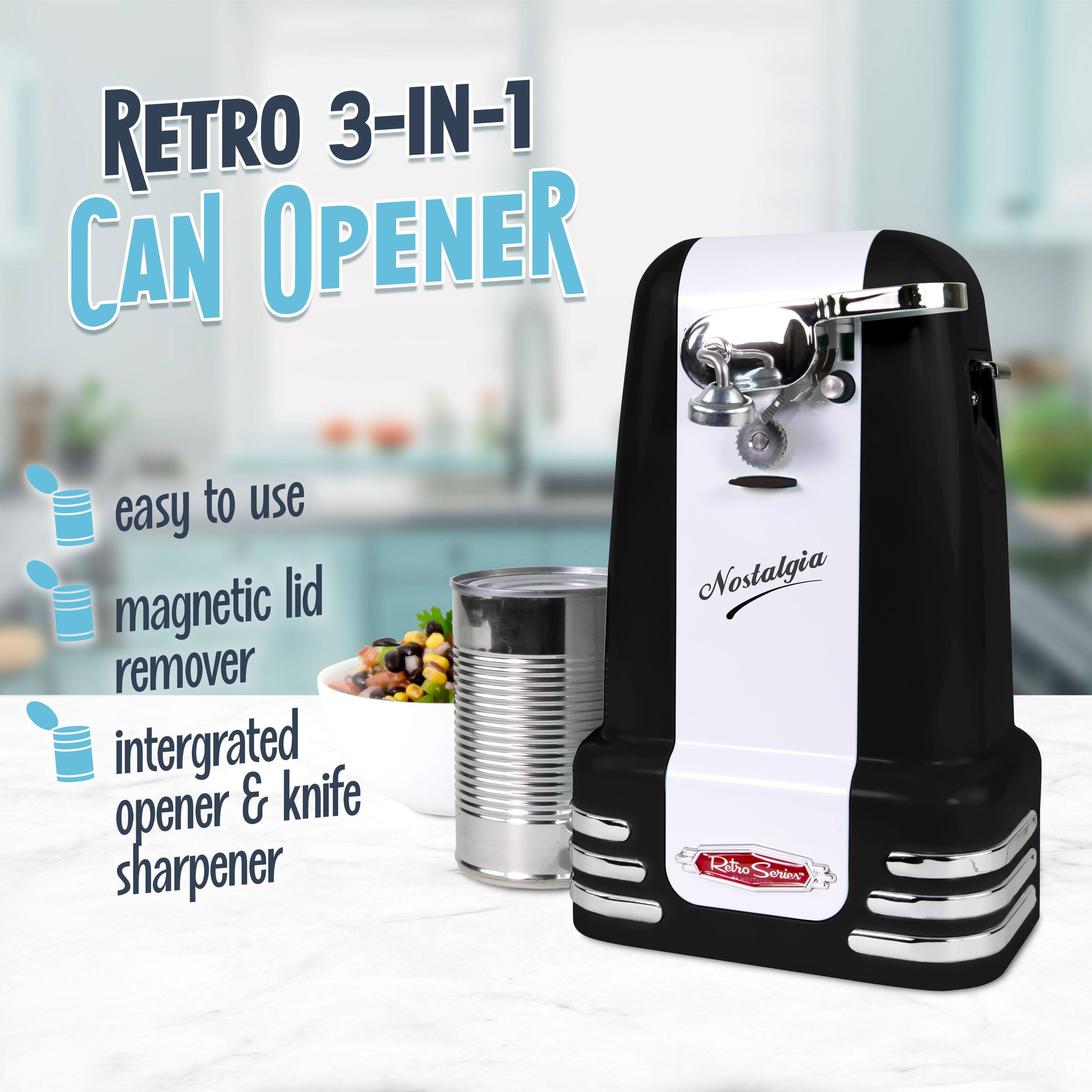 RETRO 3-IN-1 CAN OPENER  
easy to use  
magnetic lid remover  
integrated opener & knife sharpener  
Nostalgia Retro Series