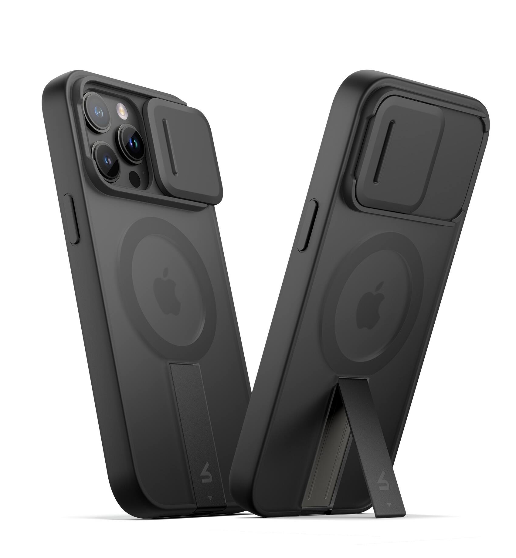 Angle. SURITCH - Rugged Case for iPhone 14 Pro Max, Compatible with MagSafe, Built-in Kickstand & Camera Cover & Translucent Back - Aurora Black.