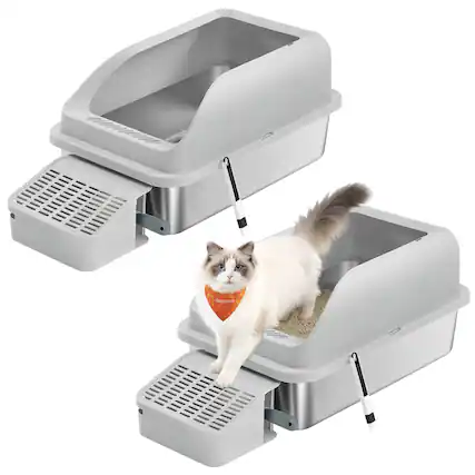 Front. Songmics Home - 2 Pack Stainless Steel Cat Litter Boxes with Open Top, High Sided Litter Trays with Step, Scoop, Brush - Light Gray.