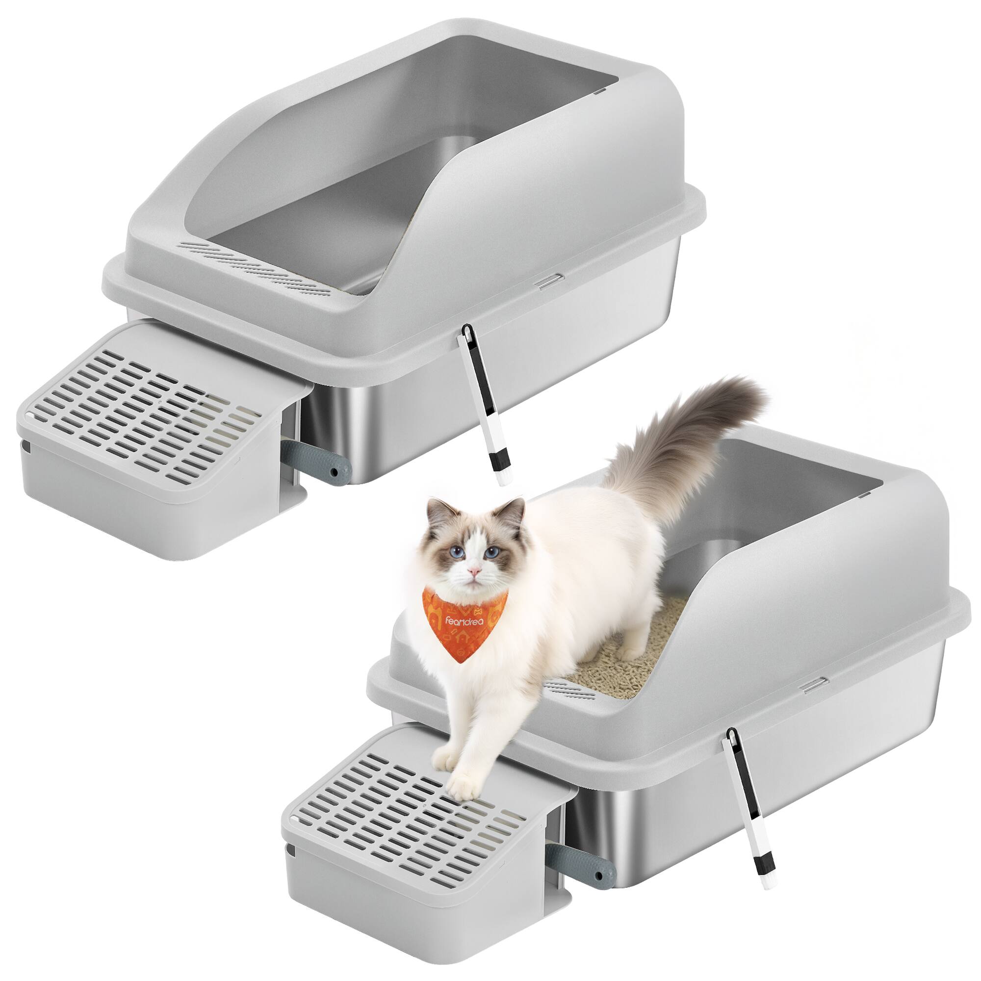 Front. Songmics Home - 2 Pack Stainless Steel Cat Litter Boxes with Open Top, High Sided Litter Trays with Step, Scoop, Brush - Light Gray.