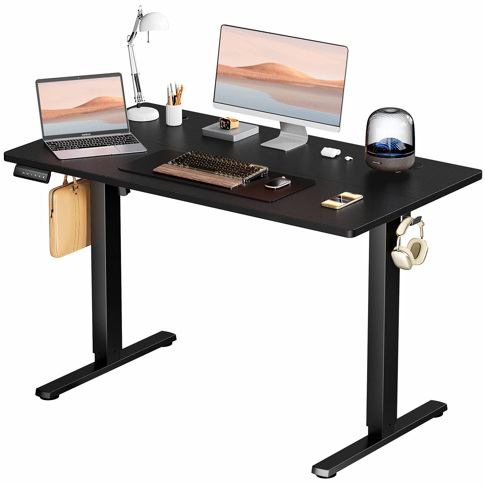 Front. Lirago - 48 Inch Ergonomic Height Adjustable Game Computer Desk with T-Shaped Metal Bracket Modern Computer Workstations.