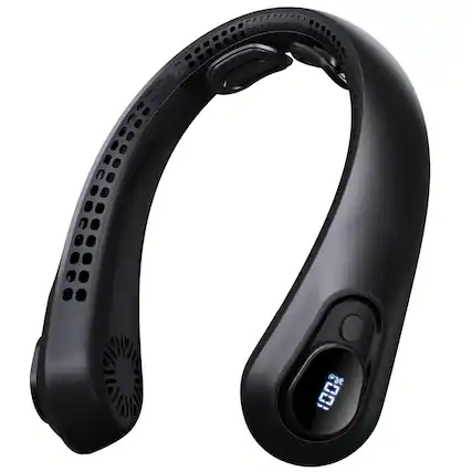 Front. PRIMEPLUS - Portable Neck Fan Rechargeable with LED Display, 5 Speeds 5000mAh Bladeless Wearable Fan for Outdoor Travel Gift - Black.