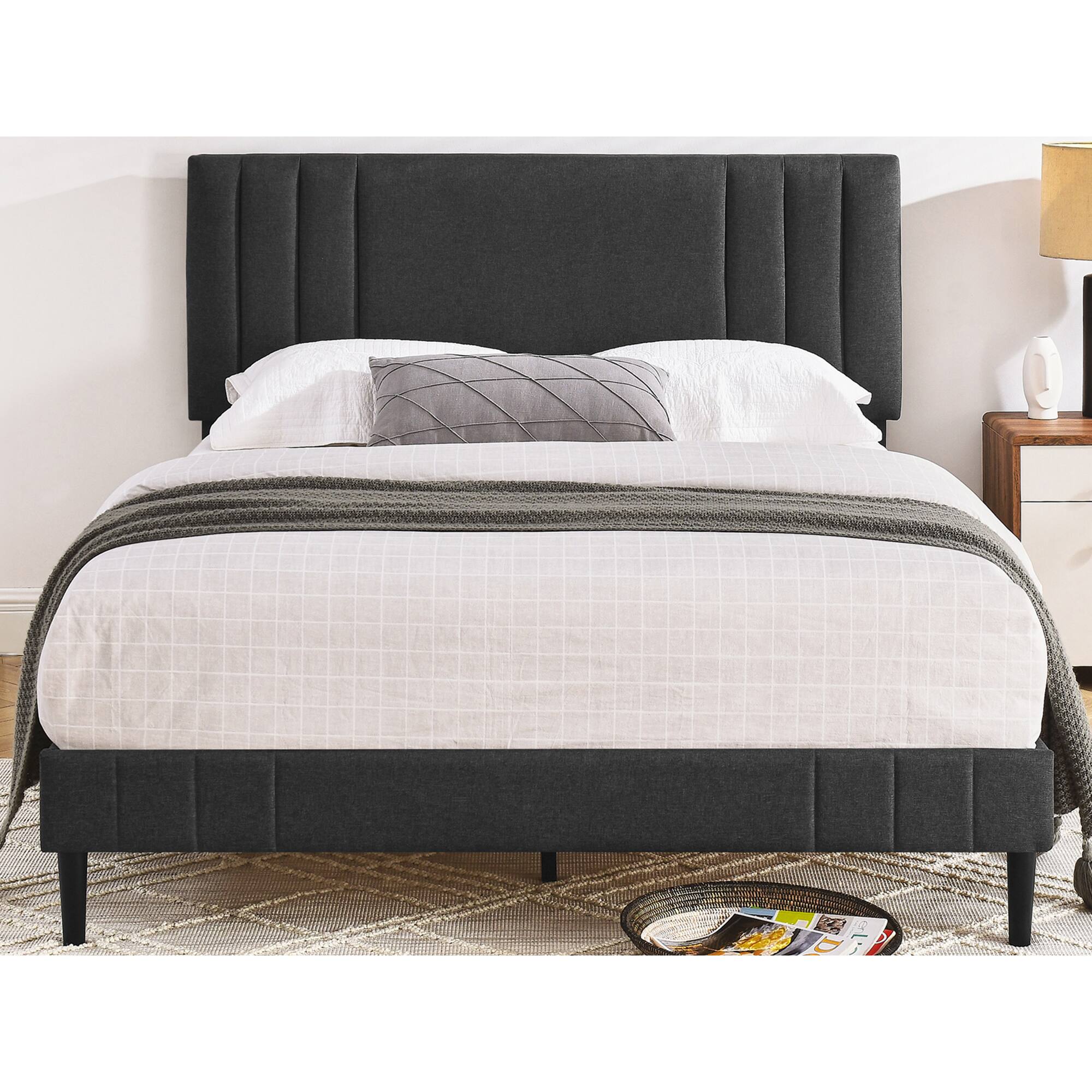 Front. Decoro - DeCoro Chicago Modern Tufted Upholstered Platform King Size Bed Frame, Dark Grey - Dark Grey.