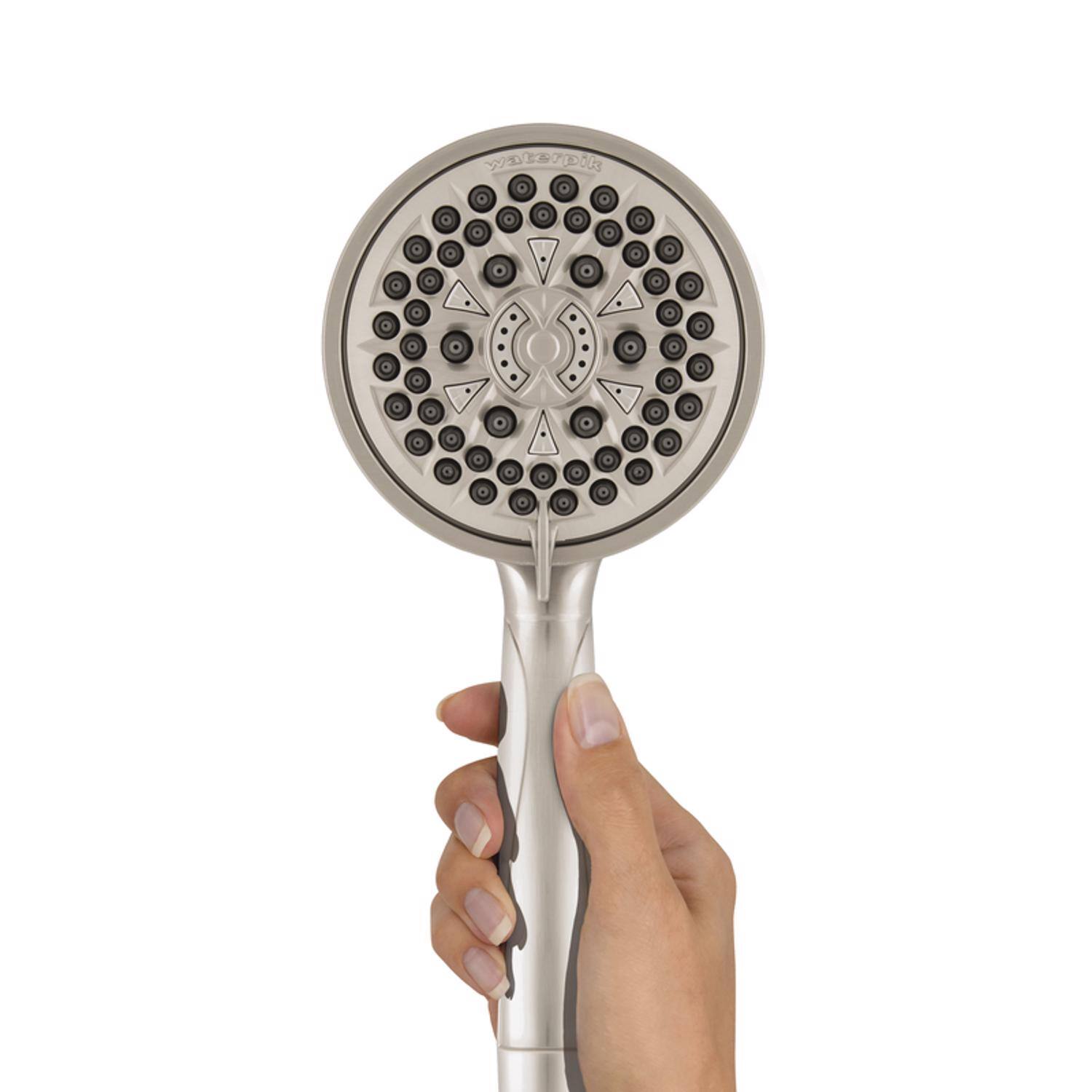Left. Waterpik - Waterpik PowerPluse Massage Brushed Nickel 7 settings Handheld Showerhead 1.8 gpm - Brushed.
