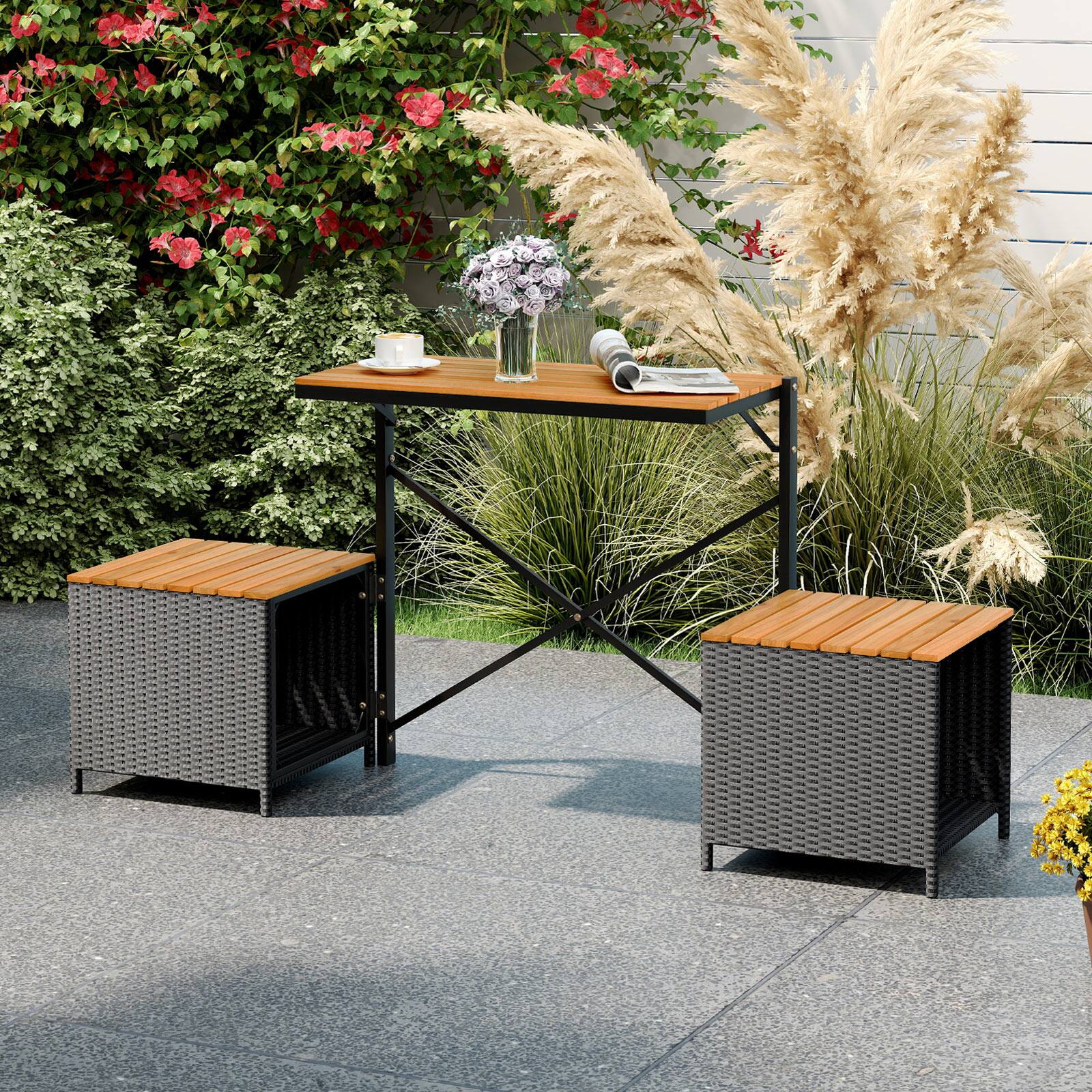 Alt View 1. Gymax - Gymax Outdoor Convertible Bench 2-in-1 Transforming Picnic Table & Chairs Set w/ Storage - Black, Natural.