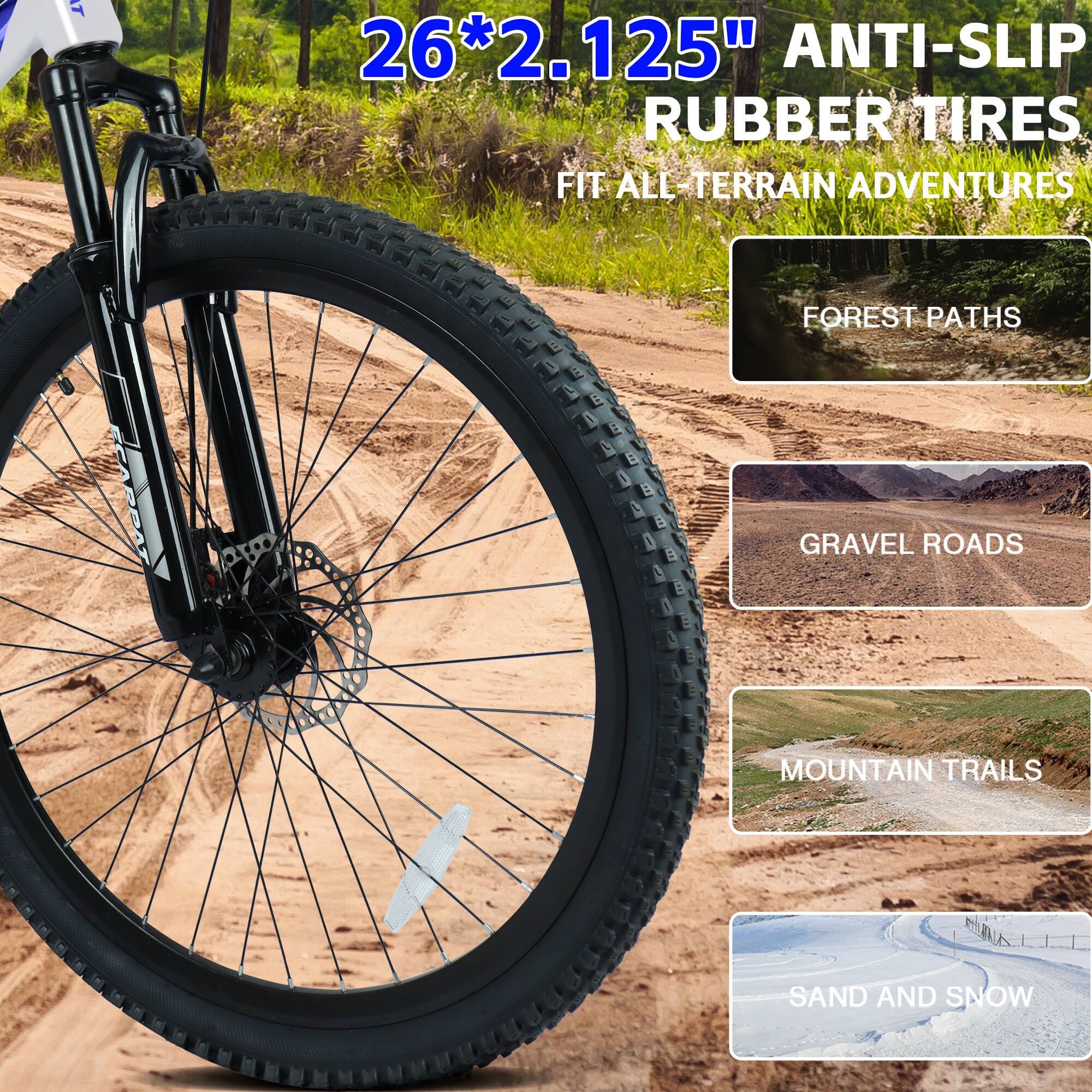 26*2.125" ANTI-SLIP RUBBER TIRES FIT ALL TERRAIN ADVENTURES FOREST PATHS GRAVEL ROADS MOUNTAIN TRAILS SAND AND SNOW