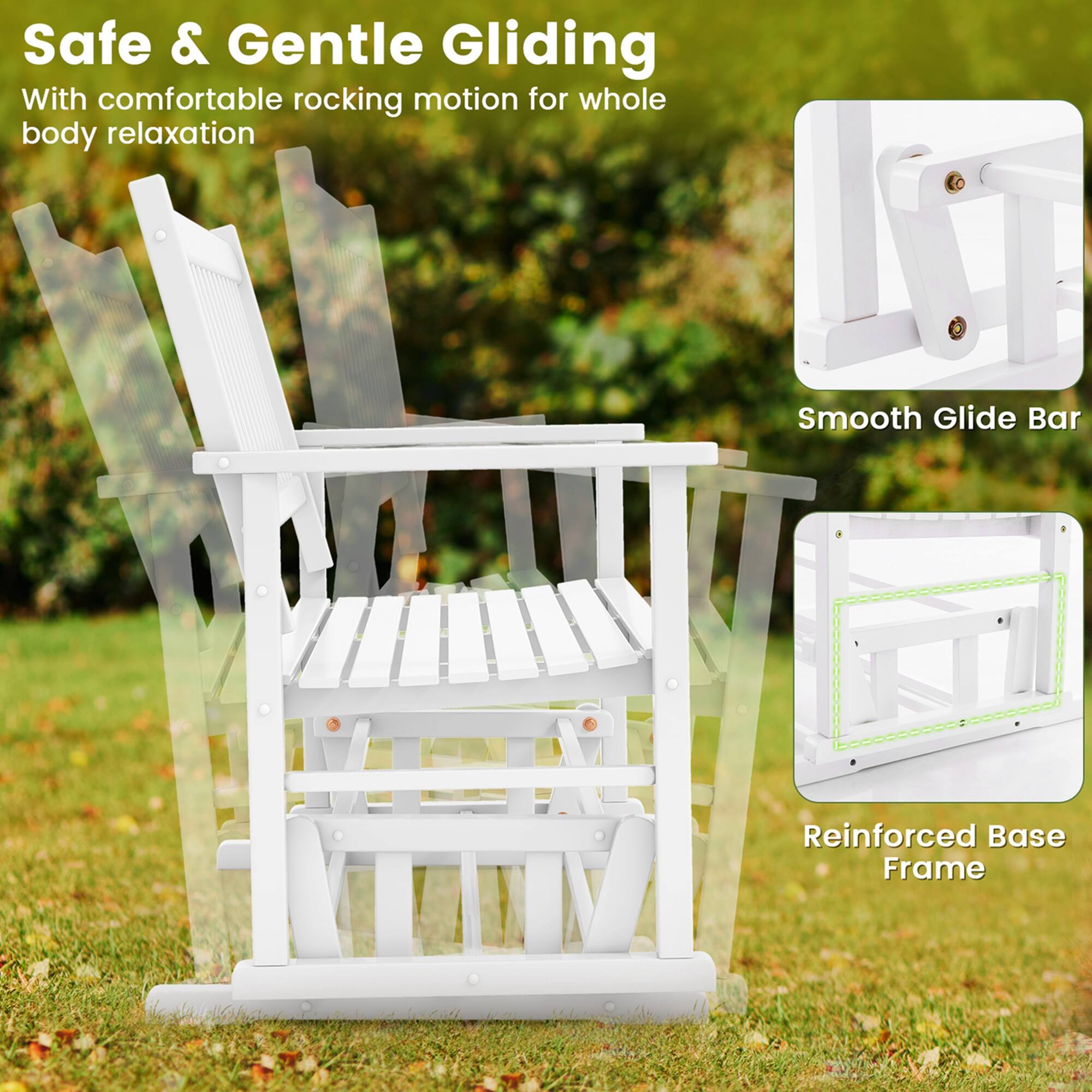 The text on the image reads: "Safe & Gentle Gliding With comfortable rocking motion for whole body relaxation C Smooth Glide Bar Reinforced Base Frame."