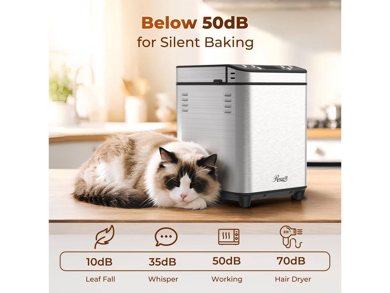 Below 50dB for Silent Baking

10dB - Leaf Fall  
35dB - Whisper  
50dB - Working  
70dB - Hair Dryer