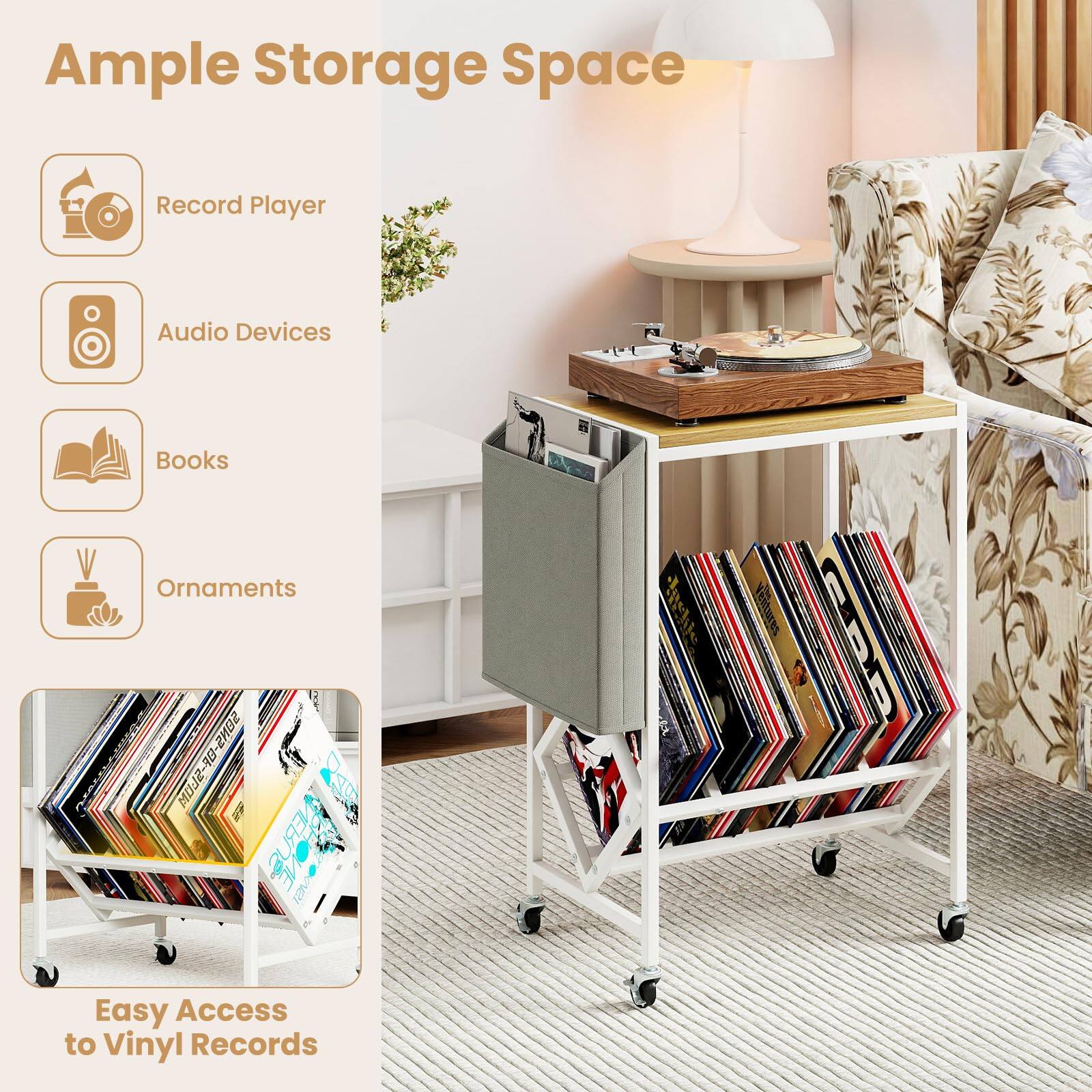 Ample Storage Space

- Record Player
- Audio Devices
- Books
- Ornaments

Easy Access to Vinyl Records