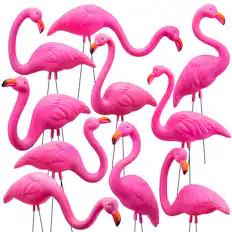 Front. Joyfy - 10 Pack Small Pink Flamingo Yard Ornaments, Mini Lawn Statues with Metal Legs for Outdoor Garden Luau Decor.