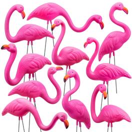 Joyfy - 10 Pack Small Pink Flamingo Yard Ornaments, Mini Lawn Statues with Metal Legs for Outdoor Garden Luau Decor