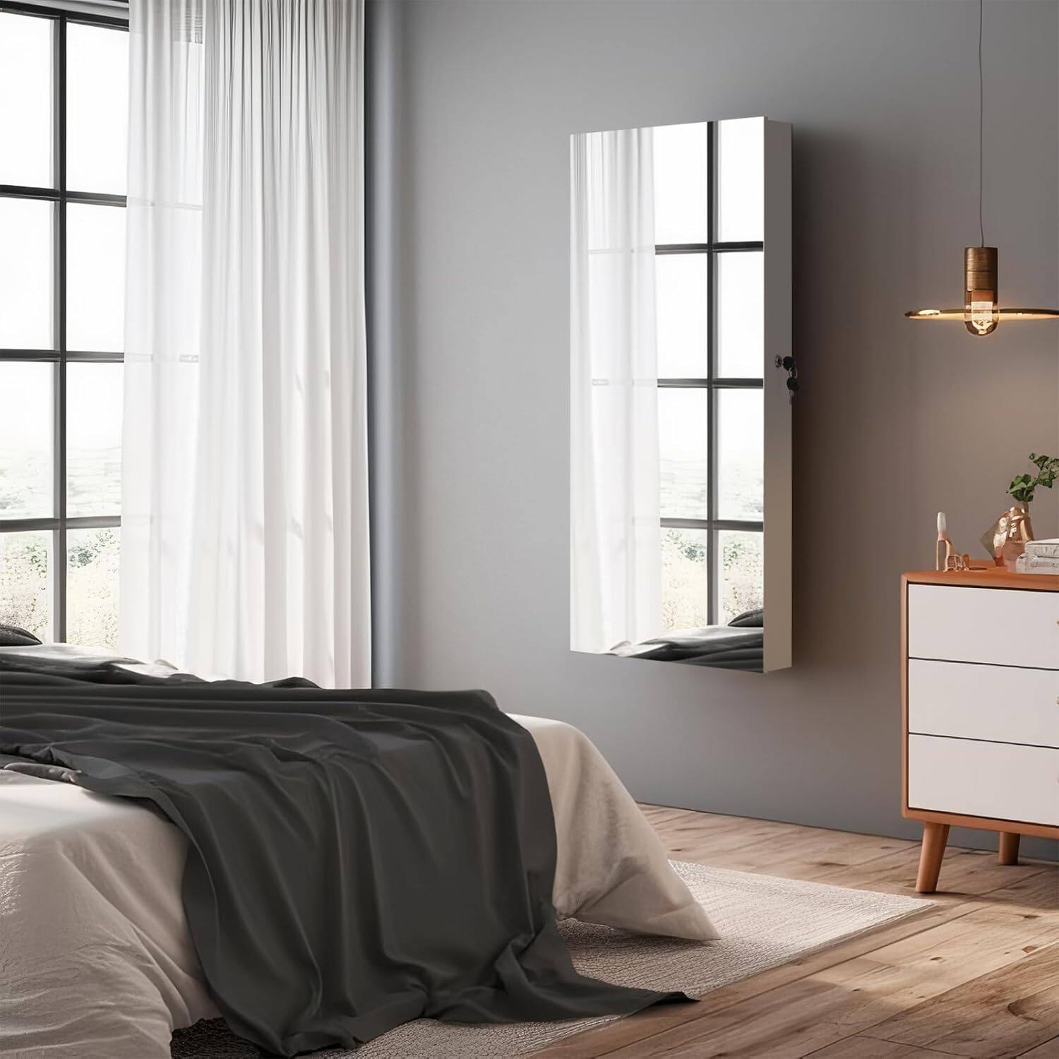 Alt View 7. Winado - Wall Door Mounted Full Mirrored Jewelry Holder Cosmetic Large Organizer Cabinet Armoire Lockable w/ Frameless Mirror - White.