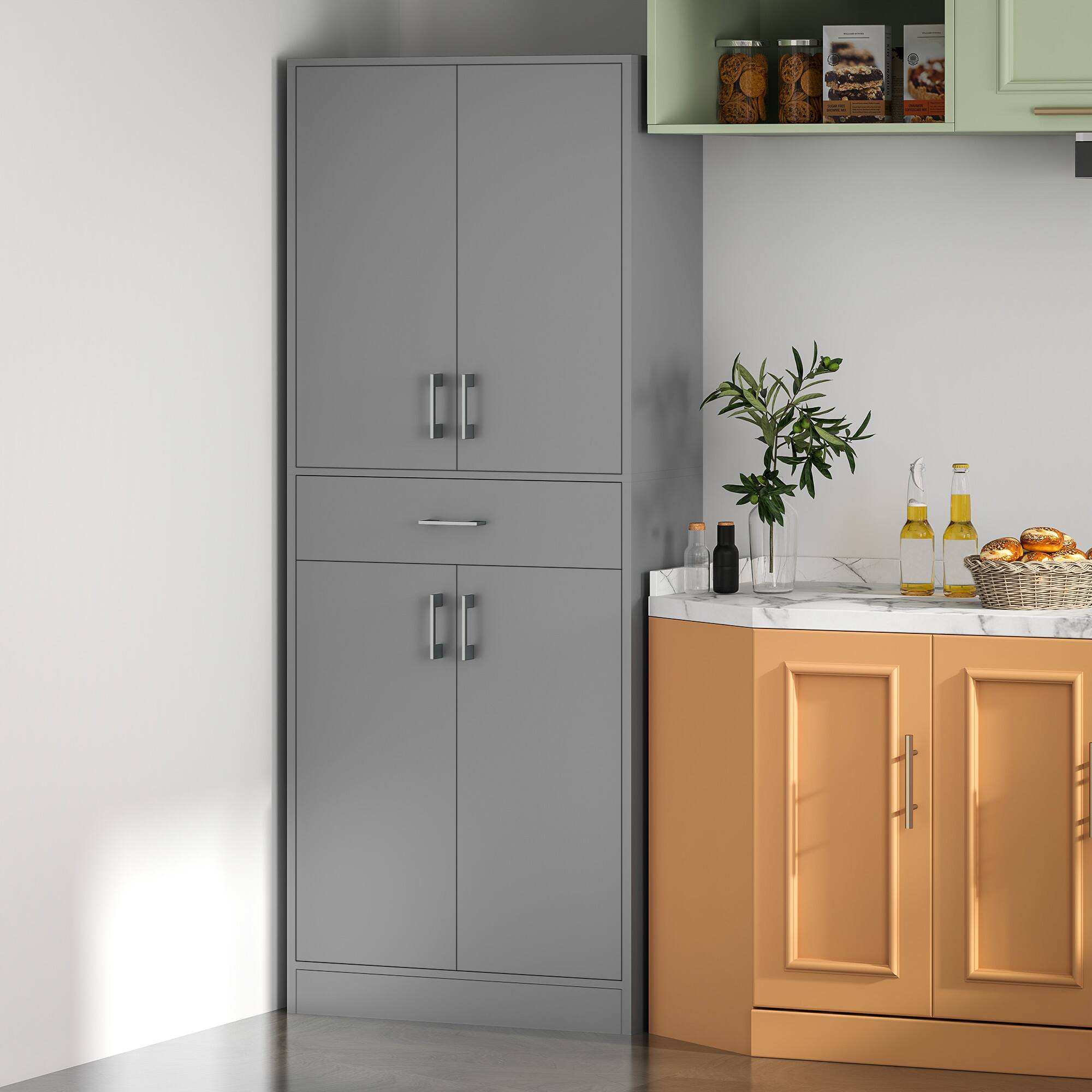 Alt View 7. Homcom - 71" Kitchen Pantry Cabinet with Drawer and Adjustable Shelf, Freestanding Tall Storage Cabinet with 2 Double Door - Grey.