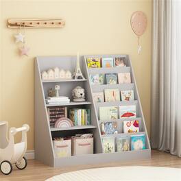 HTUTWOO - Kids Bookshelf and Toy Storage Organizer - Multifunctional 4 Tier Wooden Kids Book Shelf with Bookcase Display Stand - Gray