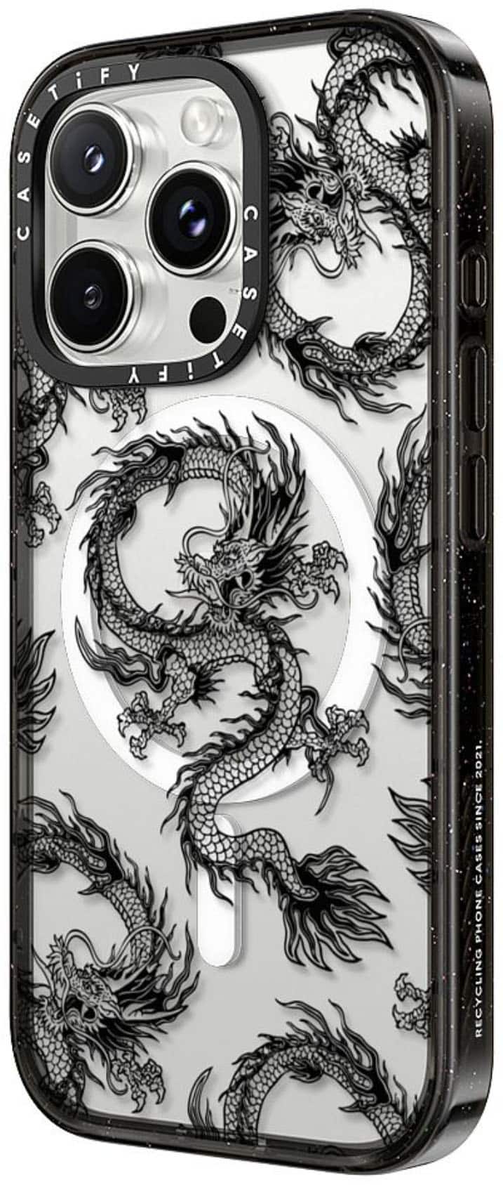 The image features a phone case with a dragon design, which is made by the company TiFY. The case is designed to protect the phone and is available in various sizes, including the A1 size. The case is made from recycled materials, making it an environmentally friendly choice for phone protection.