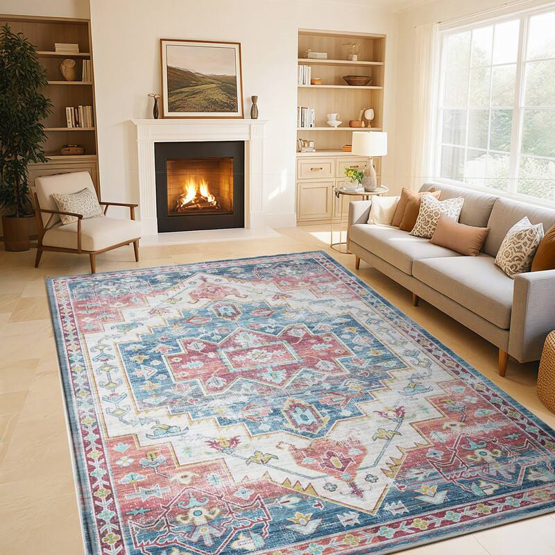 Back. RYHNUYNE - 9x12 Area Rugs Living Room Rug Washable Vintage Boho Rug No Slip Stain Resistant Soft Carpet Indoor Floor Floral Carpets - Painting.