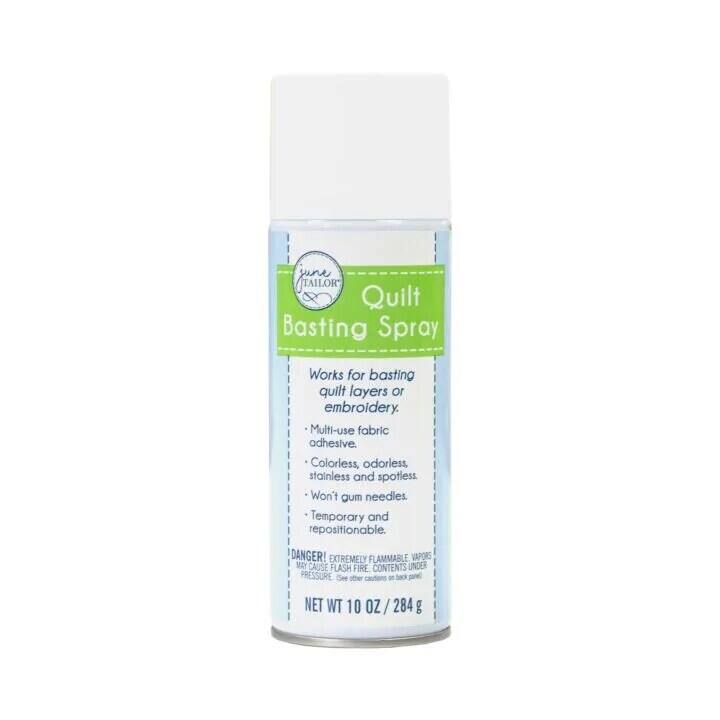 sune TAILOR Quilt Basting Spray Works for basting quilt layers or embroidery. Multi-use fabric adhesive. Colorless, odorless, stainless and spotless. Won't gum needles. Temporary and repositionable. DANGER! EXTREMELY FLAMMABLE VAPORS MAY CAUSE FLASH FIRE CONTENTS UNDER PRESSURE. See other cautions on back. NET WT 10 OZ / 284 g