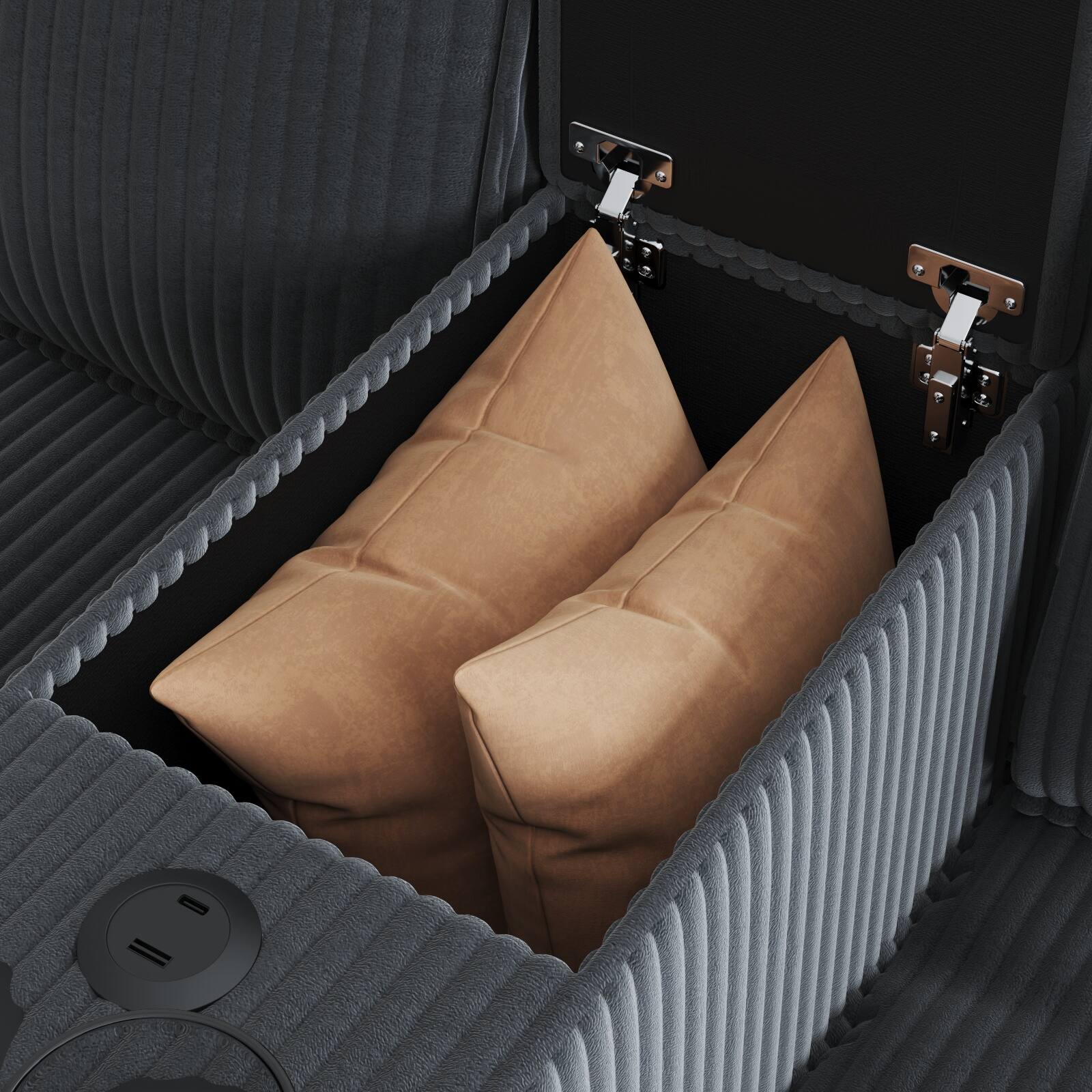 Back. Anysun - L-Shape 4-Seat Corduroy Sofa with Storage Armrests, Center Console & USB Charging. - Gray.