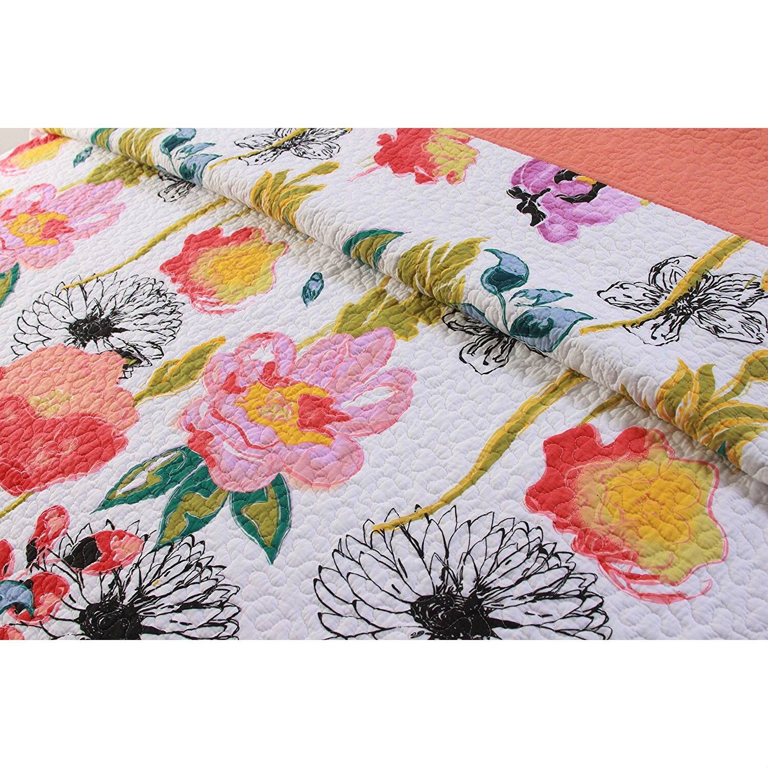 Left. Hivvago - King size 3-Piece Cotton Quilt Set with Multi-Color Floral Pattern - Multicolor.