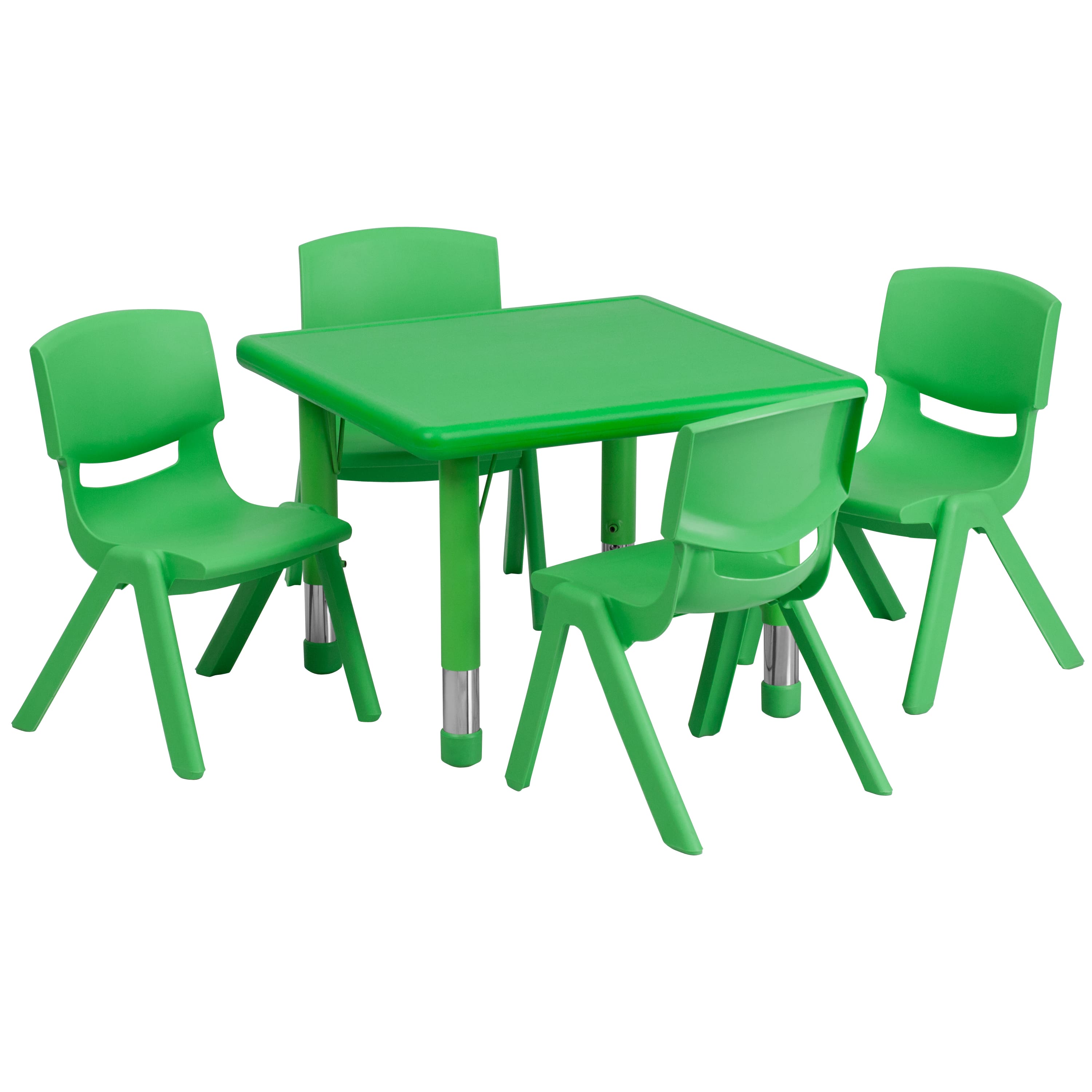 Emma + Oliver - 24" Square Plastic Height Adjustable Activity Table Set with 4 Chairs - Green