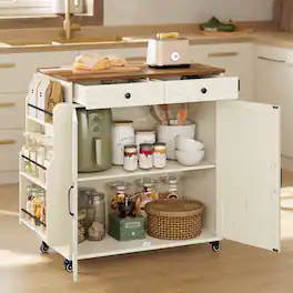Songmics Home - Mobile Kitchen Island, Portable Island with Spice Rack, Mobile Cart with Storage Cabinet, 17.7 x 36.5 x 36 Inches - Rustic White and Honey Brown