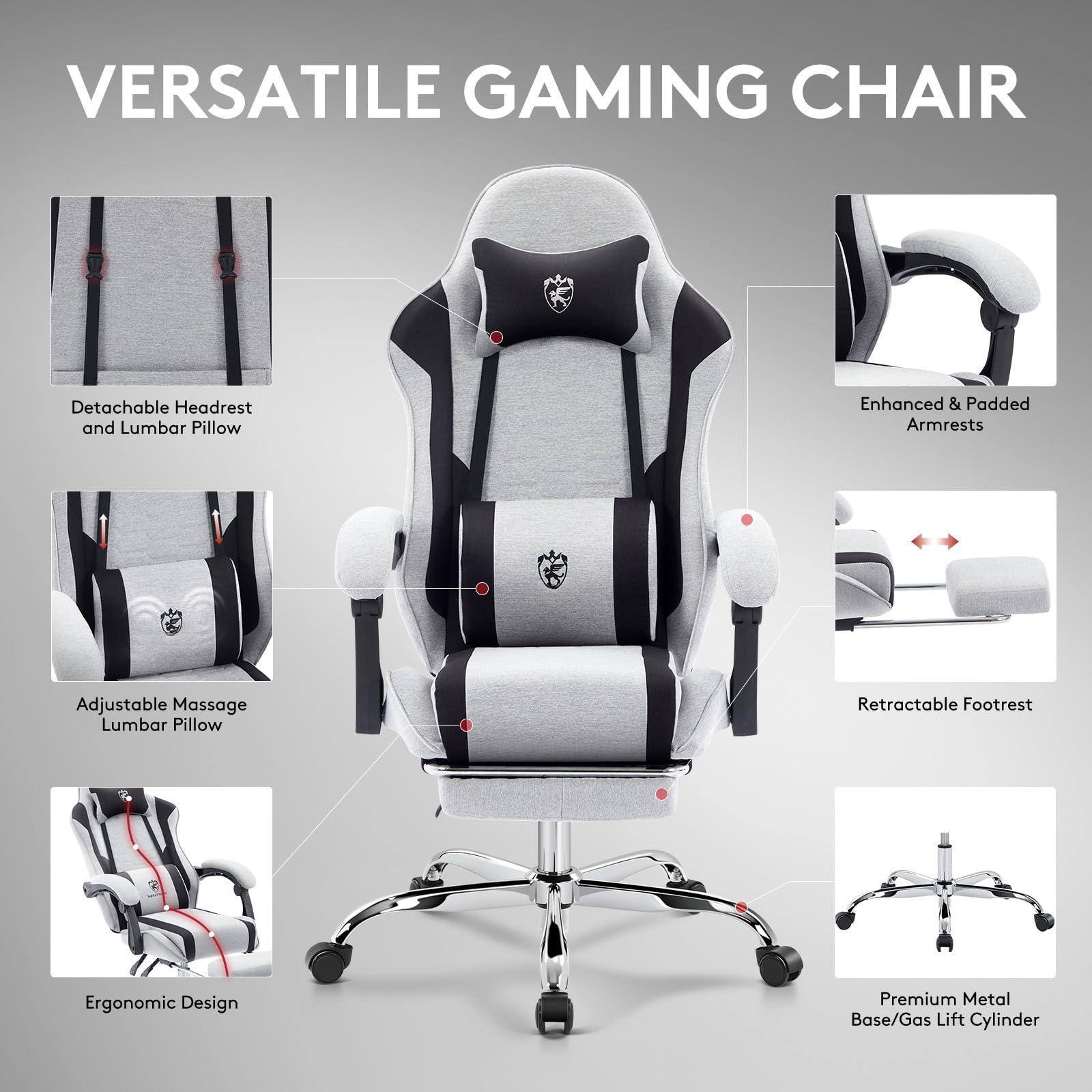 VERSATILE GAMING CHAIR

- Detachable Headrest and Lumbar Pillow
- Enhanced & Padded Armrests
- Adjustable Massage Lumbar Pillow
- Retractable Footrest
- Ergonomic Design
- Premium Metal Base/Gas Lift Cylinder
