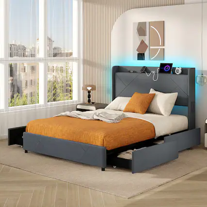 Front. Gymax - Gymax Queen Size Bed Frame w/LED Lights Charging Station 2 Storage Pockets & 4 Drawers - Grey.