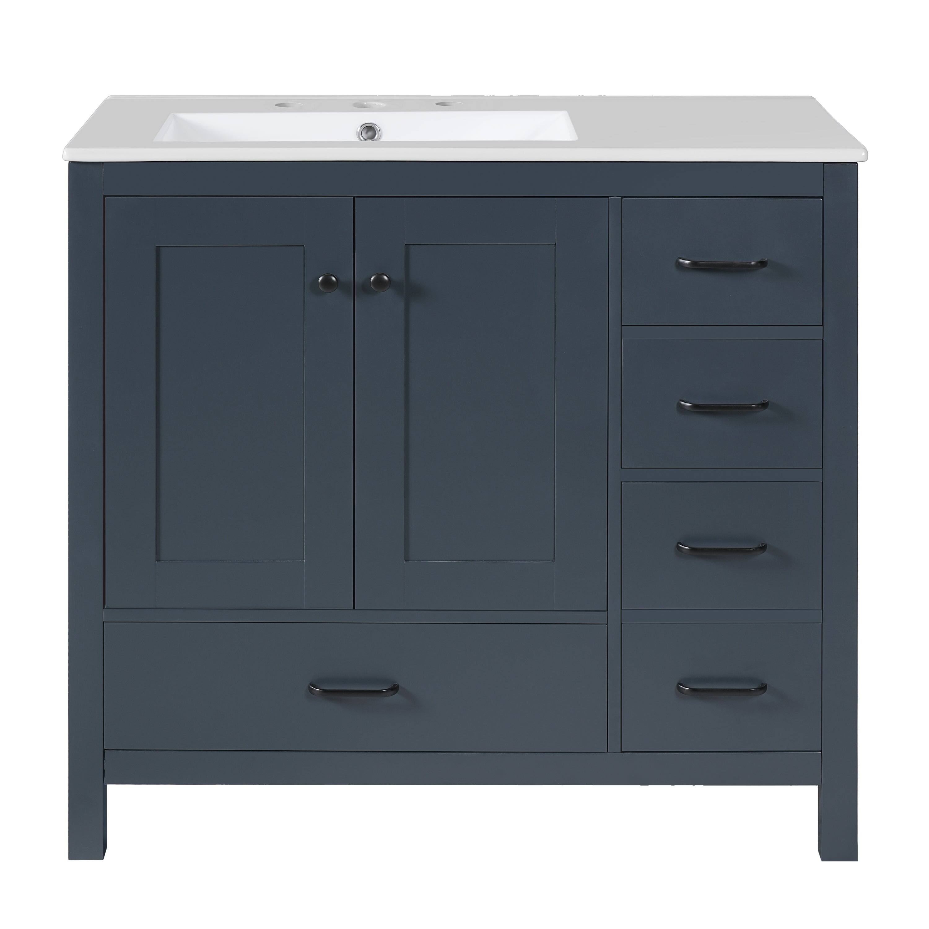 Alt View 10. Boyel Living - 36 Inch Blue Bathroom Vanity with Ceramic Sink, 2 Soft Close Doors, 5 Drawers - Gray.